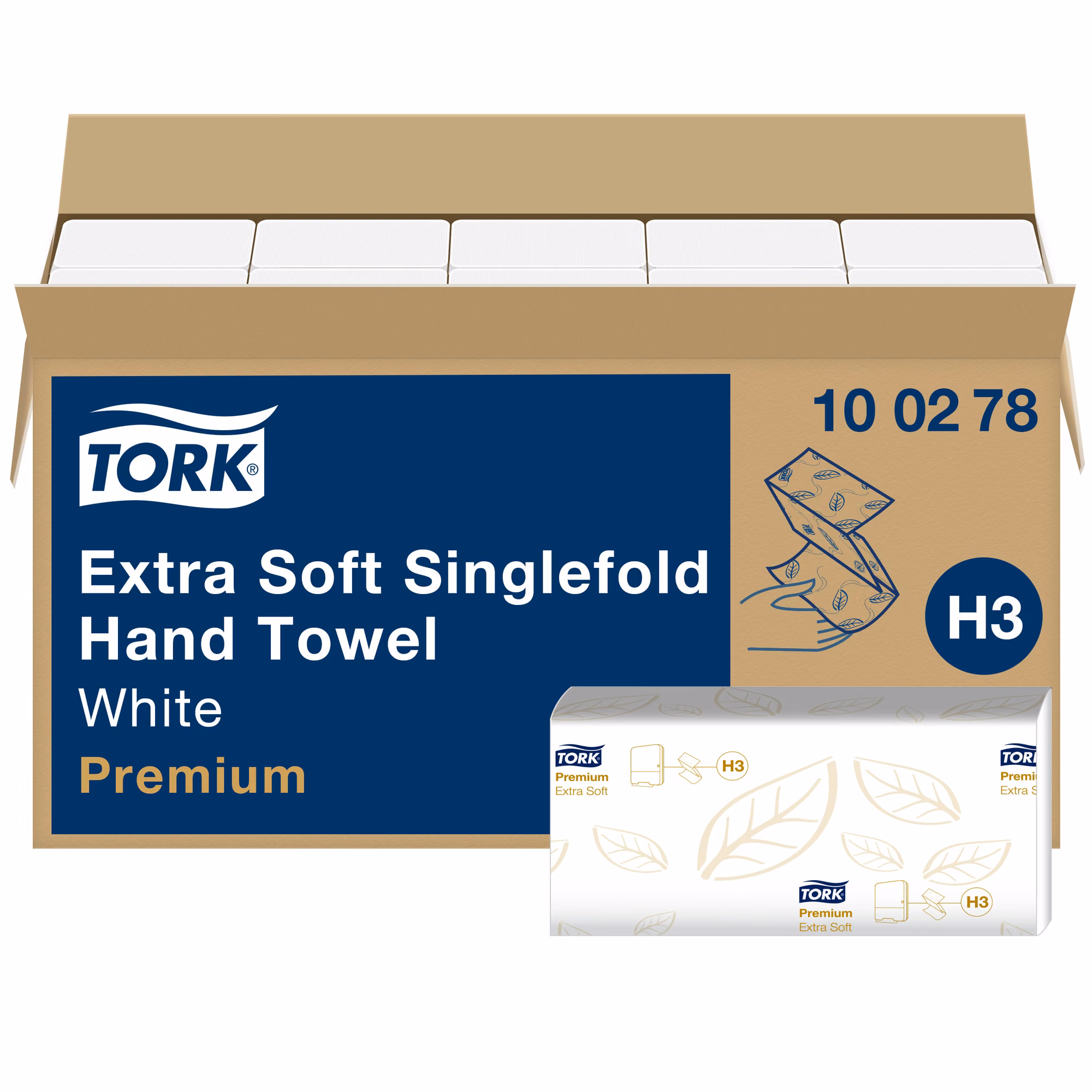 Tork Singlefold/C-fold ekstramiekki ręcznik, zbliżenie na pojedynczą bindę ręczników z wzorem liścia i logo H3