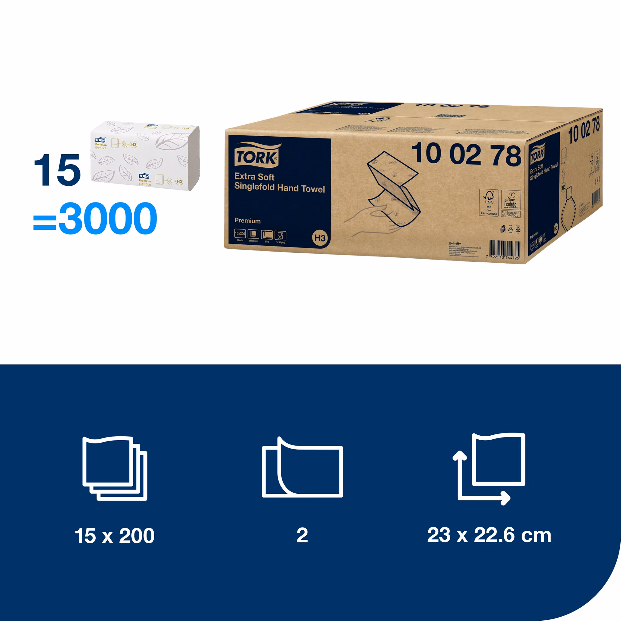 Tork Singlefold/C-fold ekstramiekki ręcznik, specyfikacja techniczna 3000 listków o wymiarach 23 na 22.6 cm