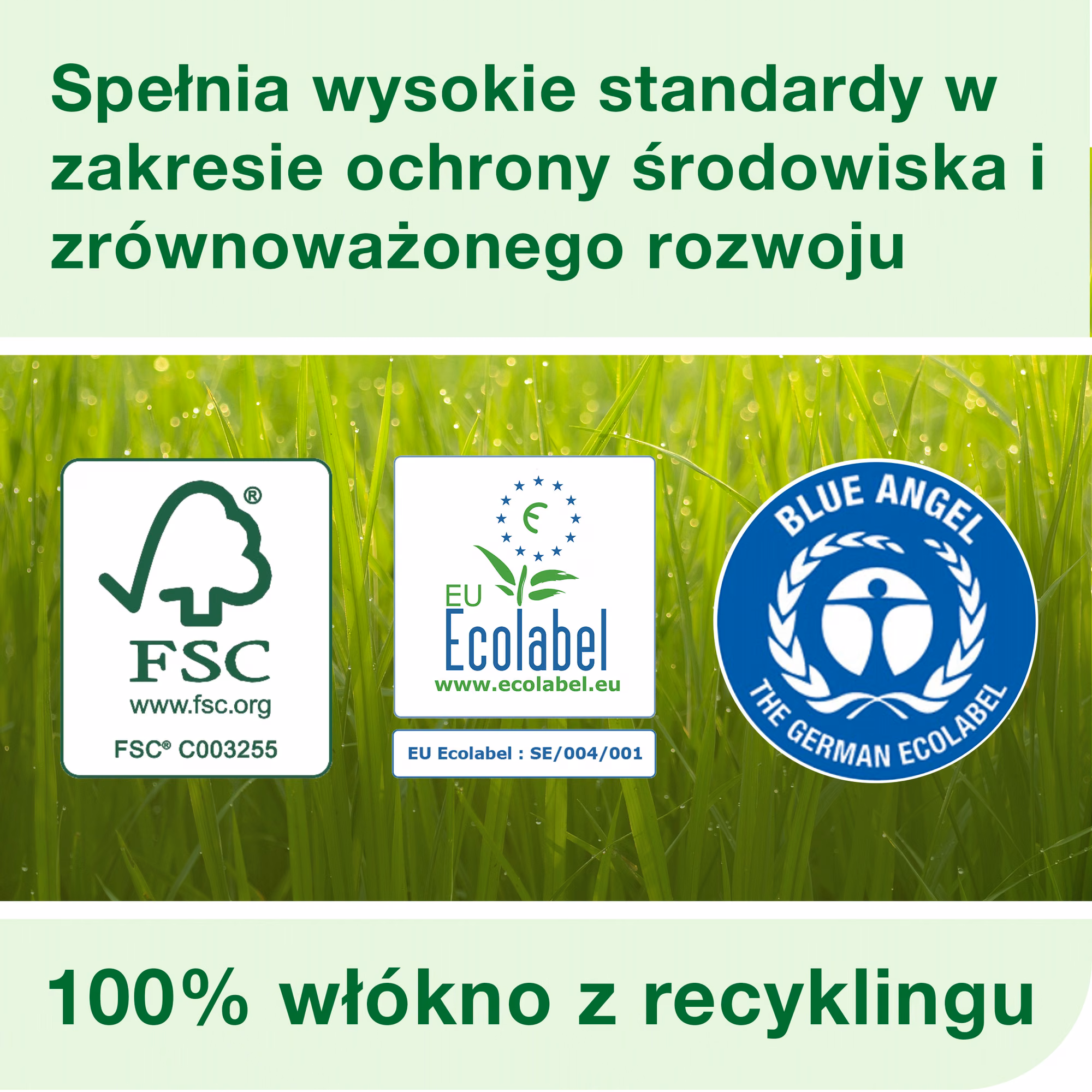 Tork miękki papier toaletowy w rolce konwencjonalnej, certyfikaty FSC EU Ecolabel i Blue Angel na tle zielonej trawy