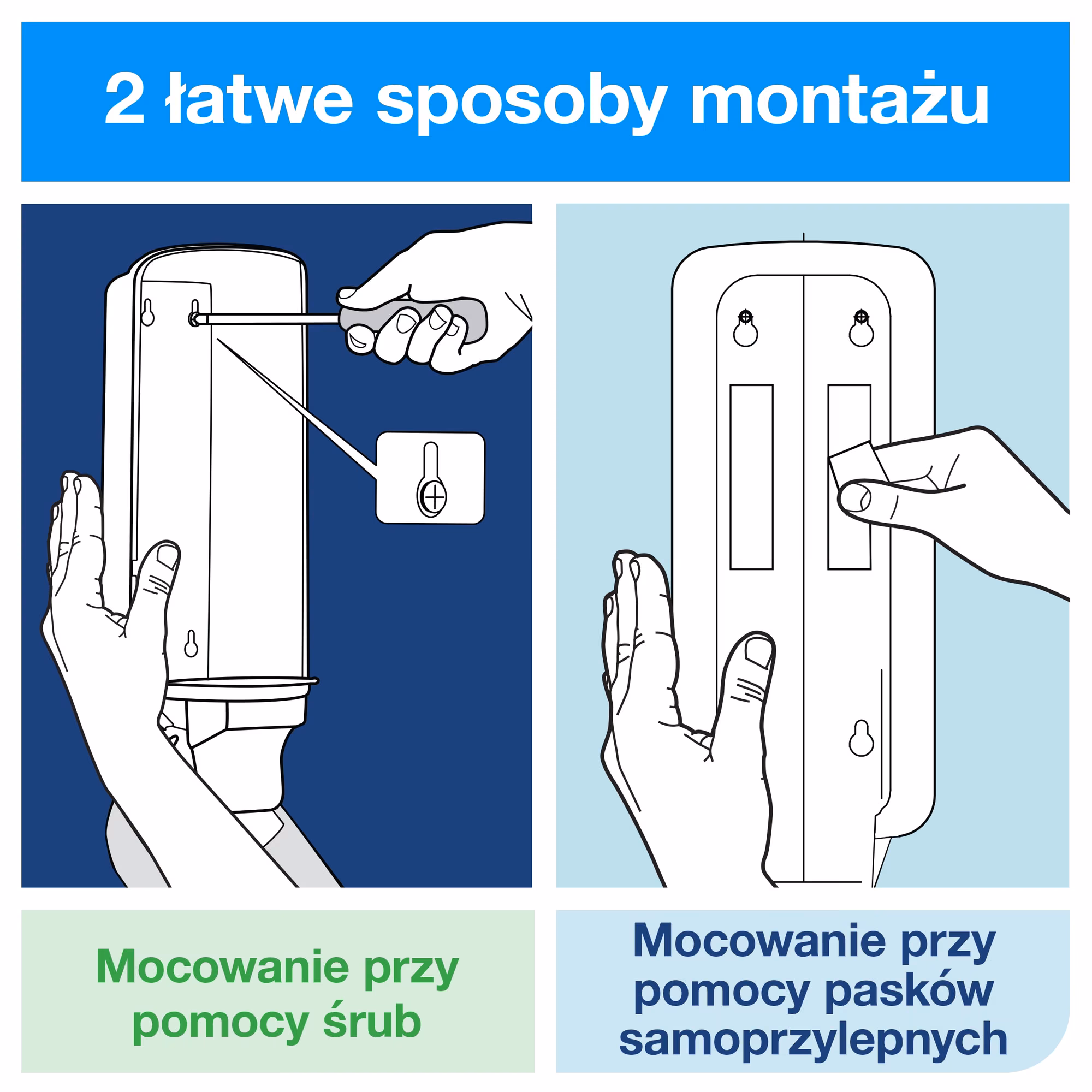 Tork bezdotykowy dozownik do mydła 561608, schemat montażu na śruby i paski samoprzylepne