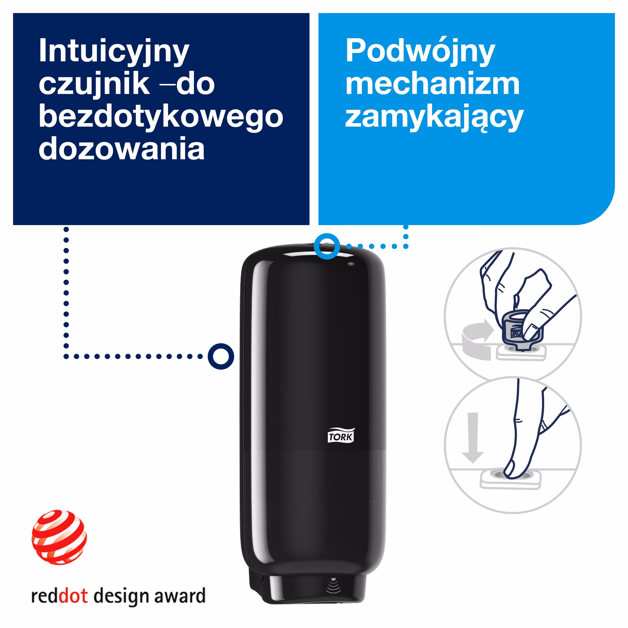 Tork bezdotykowy dozownik do mydła Elevation S4, opis czujnika i mechanizmu zamykającego