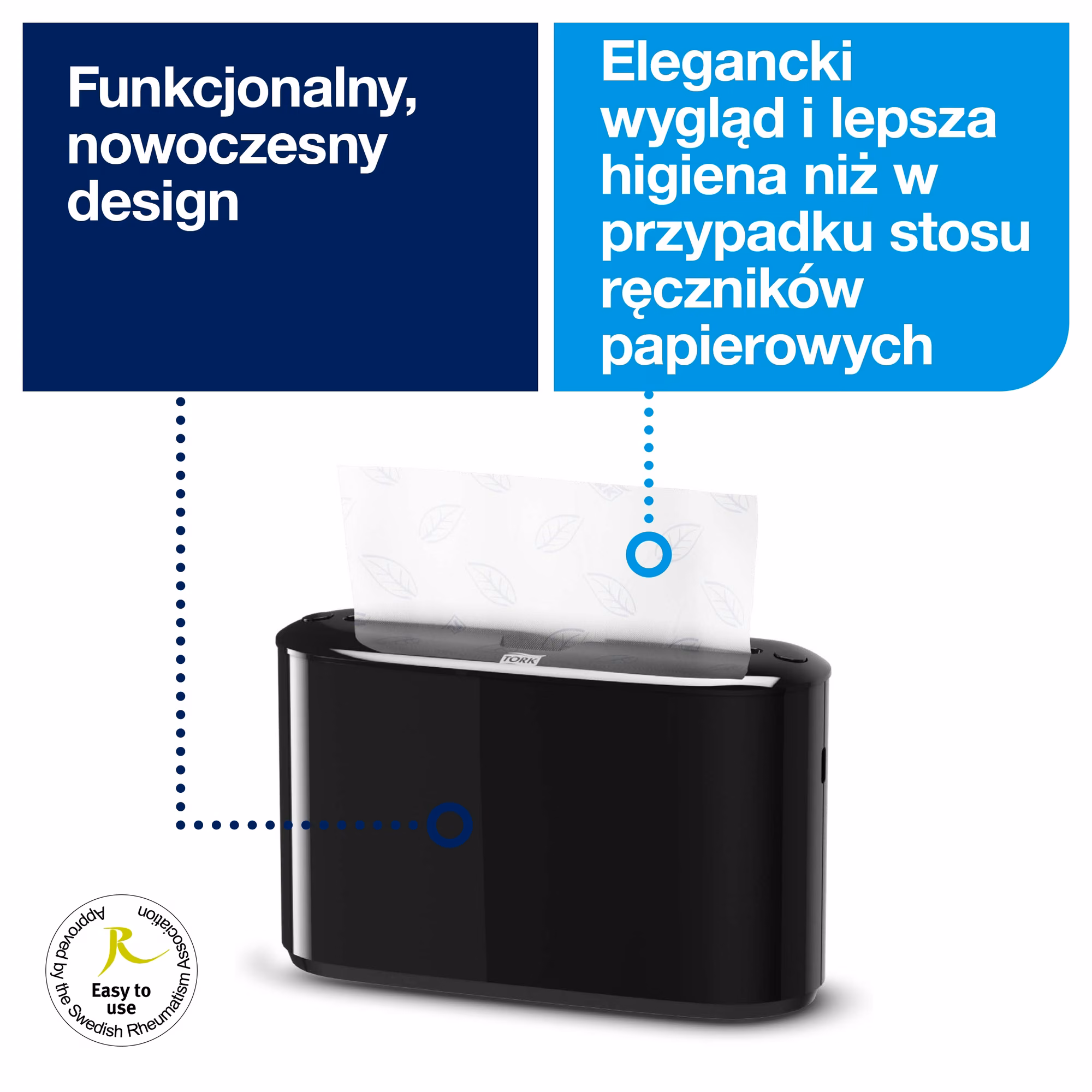 Tork Xpress nablatowy dozownik do ręczników Multifold czarny, zbliżenie na pojedyncze dozowanie ręcznika z logo Tork
