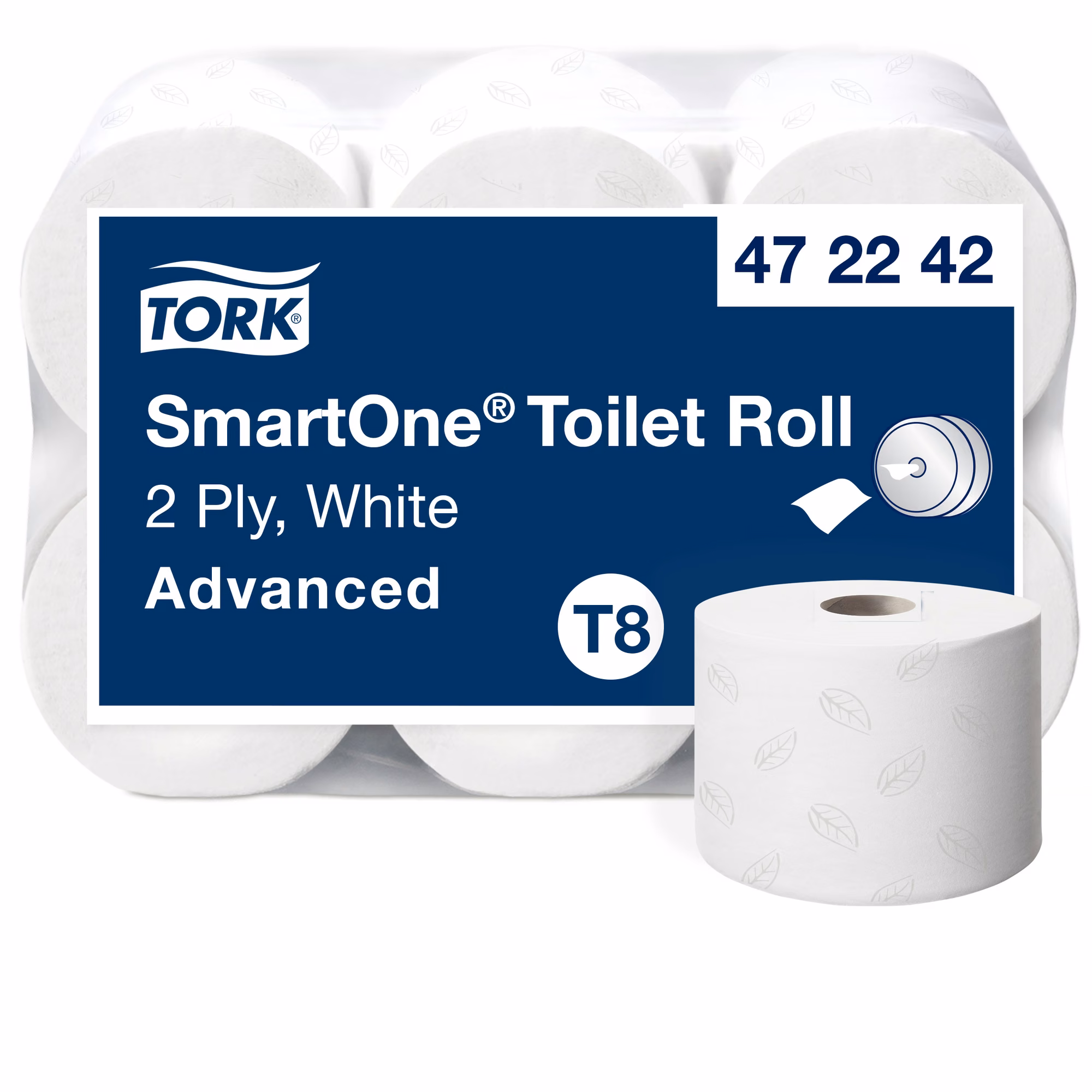 Papier toaletowy Tork SmartOne T8, biała dwuwarstwowa rolka z tłoczonym wzorem liści