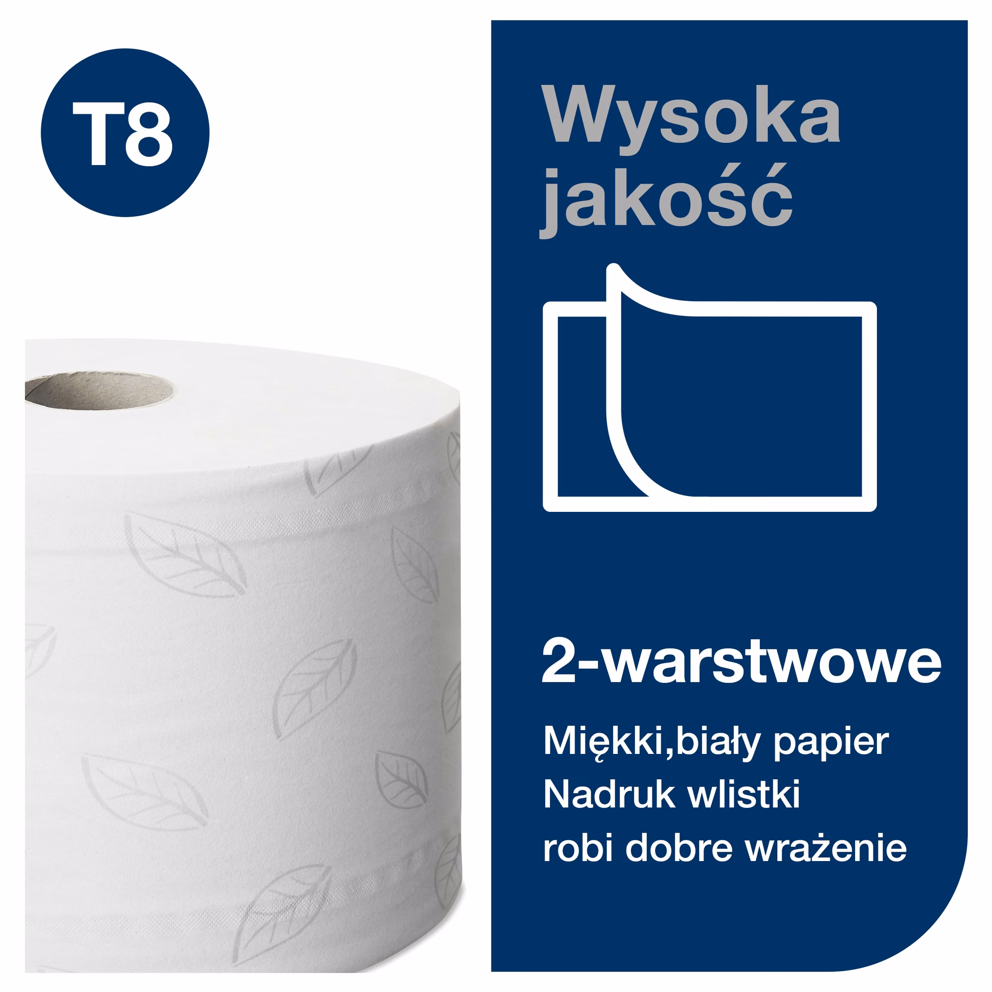 Papier toaletowy Tork SmartOne T8, zbliżenie na miękką strukturę papieru z nadrukiem listka