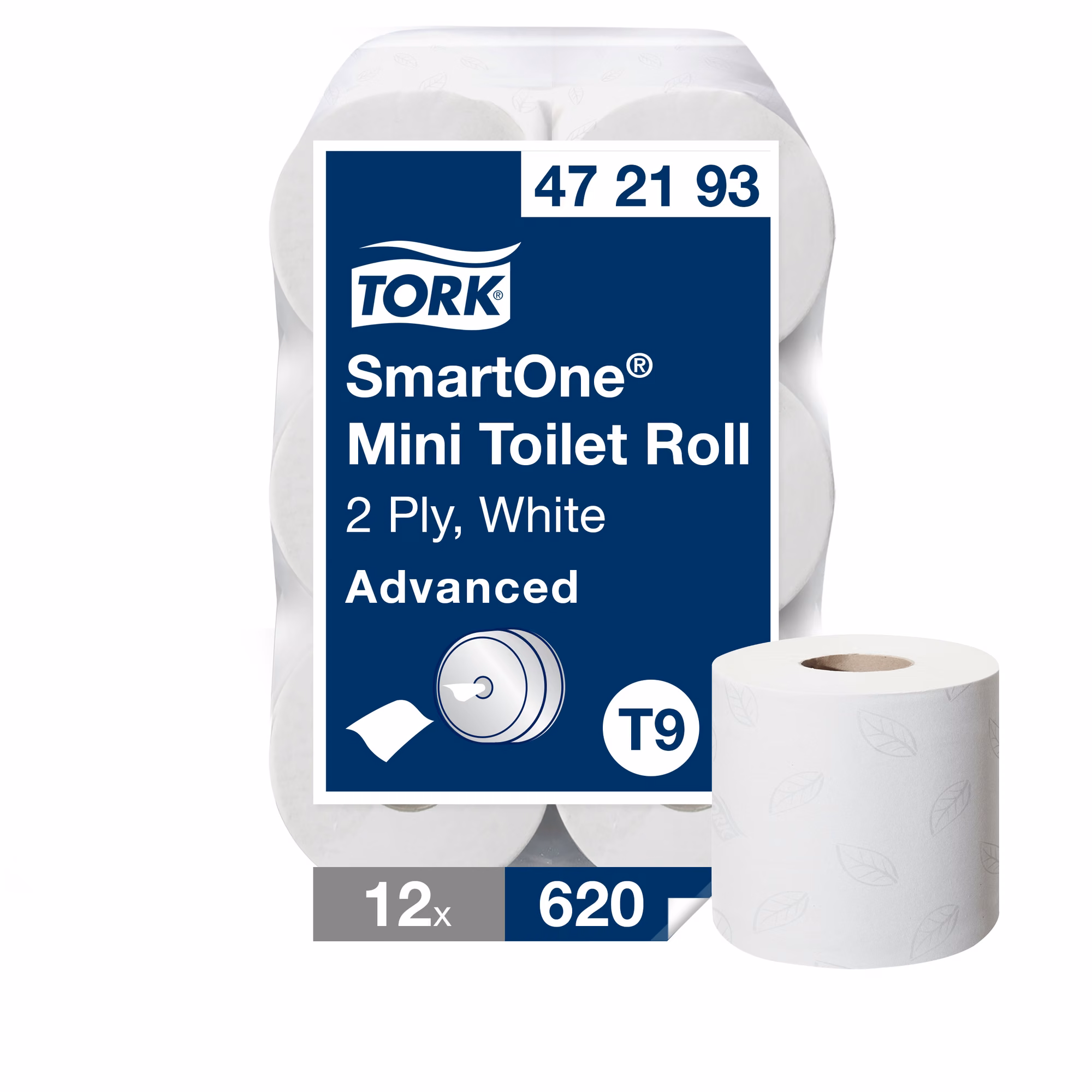 Papier toaletowy Tork SmartOne® Mini T9 472193, opakowanie zbiorcze 12 rolek i pojedyncza rolka z nadrukiem listka