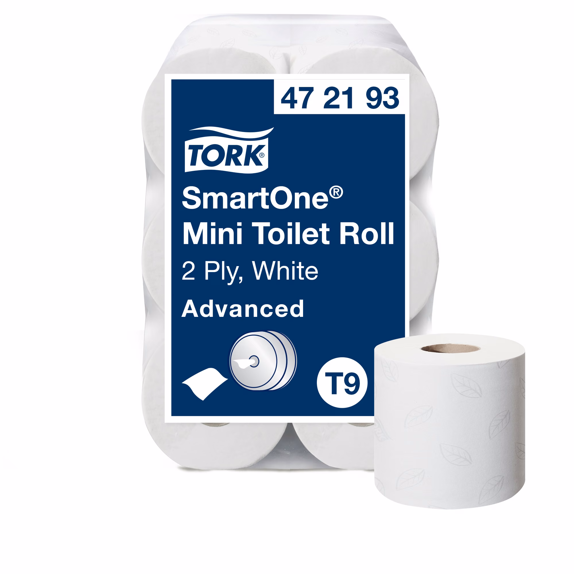 Papier toaletowy Tork SmartOne® Mini T9, zbliżenie na białą rolkę z tłoczeniem i etykietę produktu
