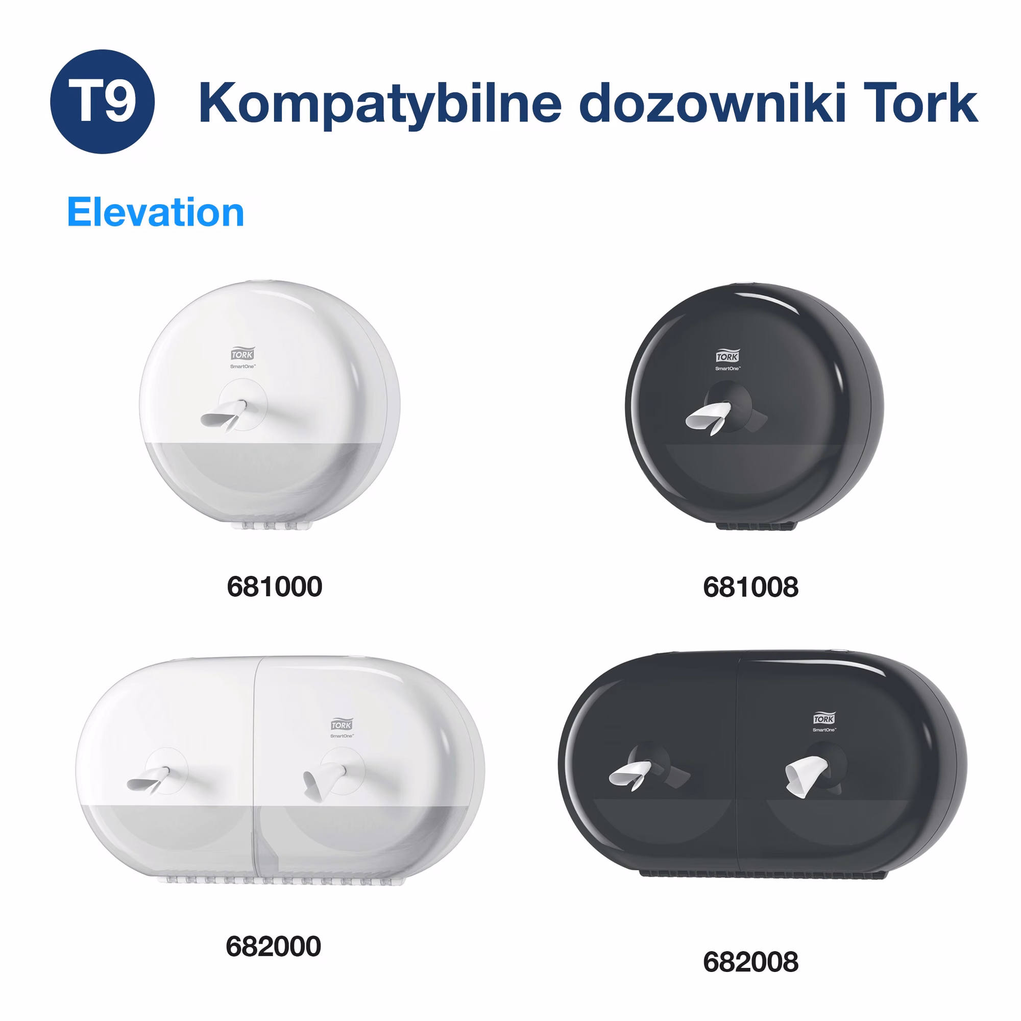 Papier toaletowy Tork SmartOne® Mini T9, zestawienie kompatybilnych dozowników Elevation białych i czarnych