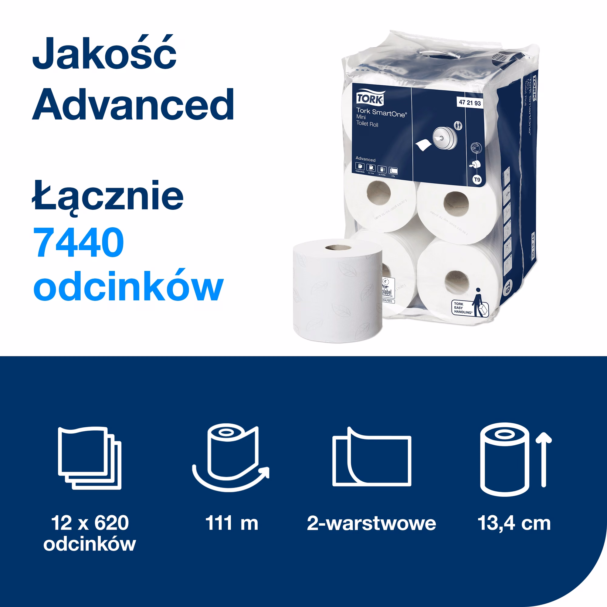 Papier toaletowy Tork SmartOne® Mini T9, infografika z parametrami: 111 metrów długości i 620 odcinków