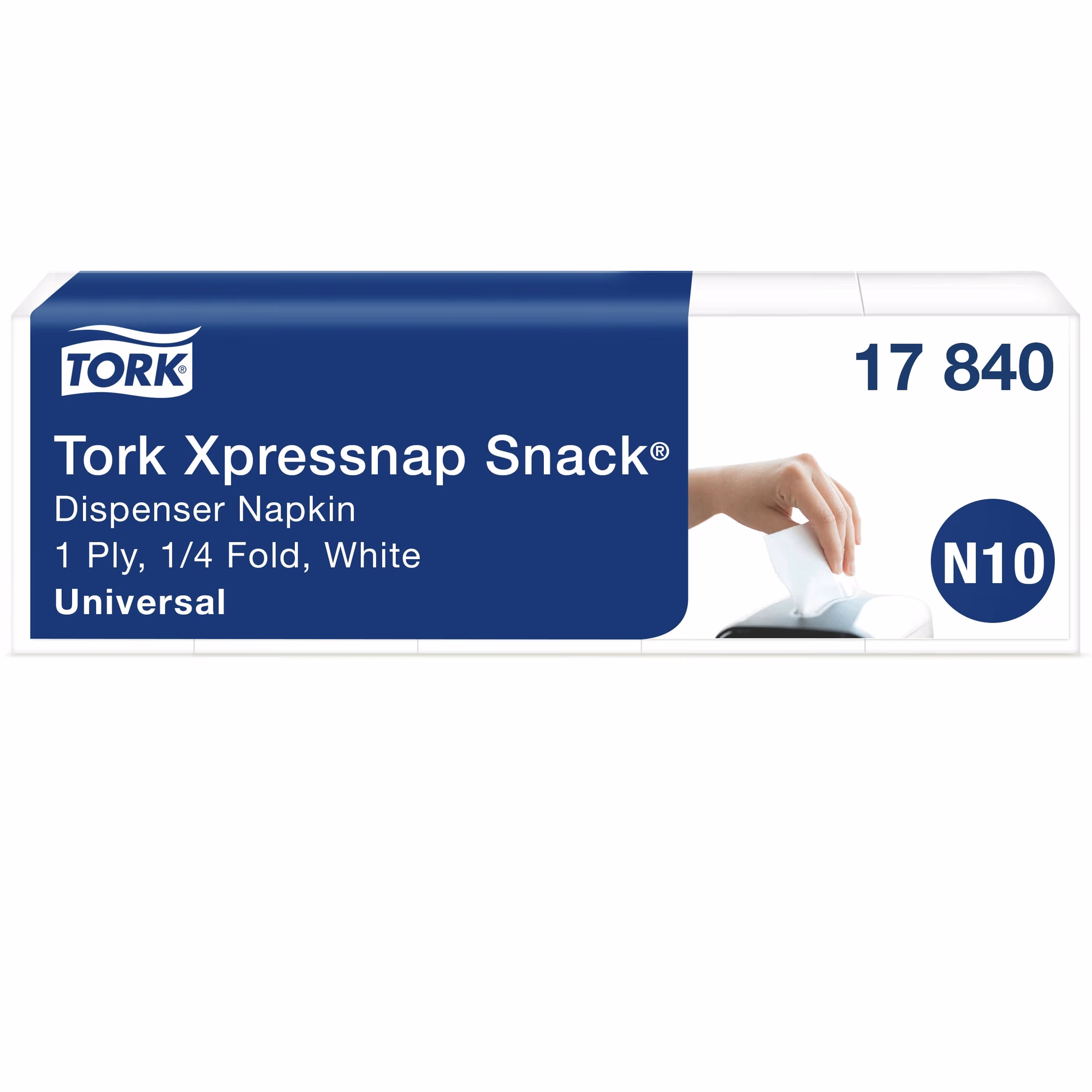 Tork Xpressnap Snack® białe serwetki dyspenserowe N10, zbliżenie na etykietę produktu Universal 17840