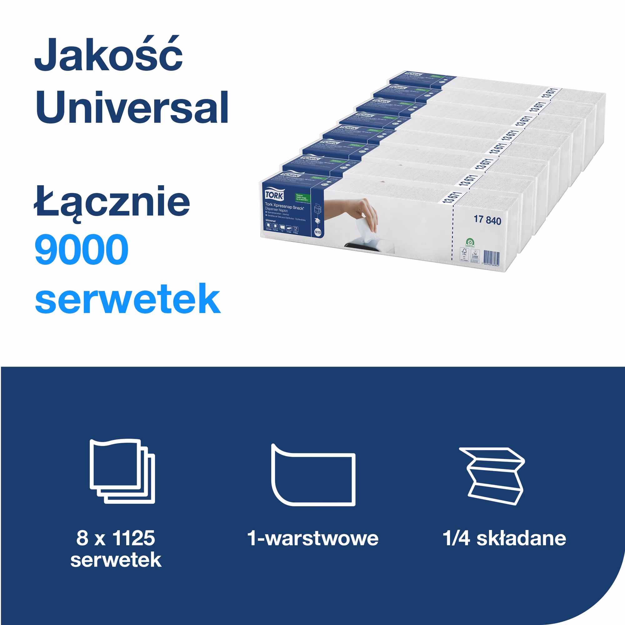 Tork Xpressnap Snack® białe serwetki dyspenserowe N10, infografika pokazująca 9000 serwetek i sposób składania 1/4