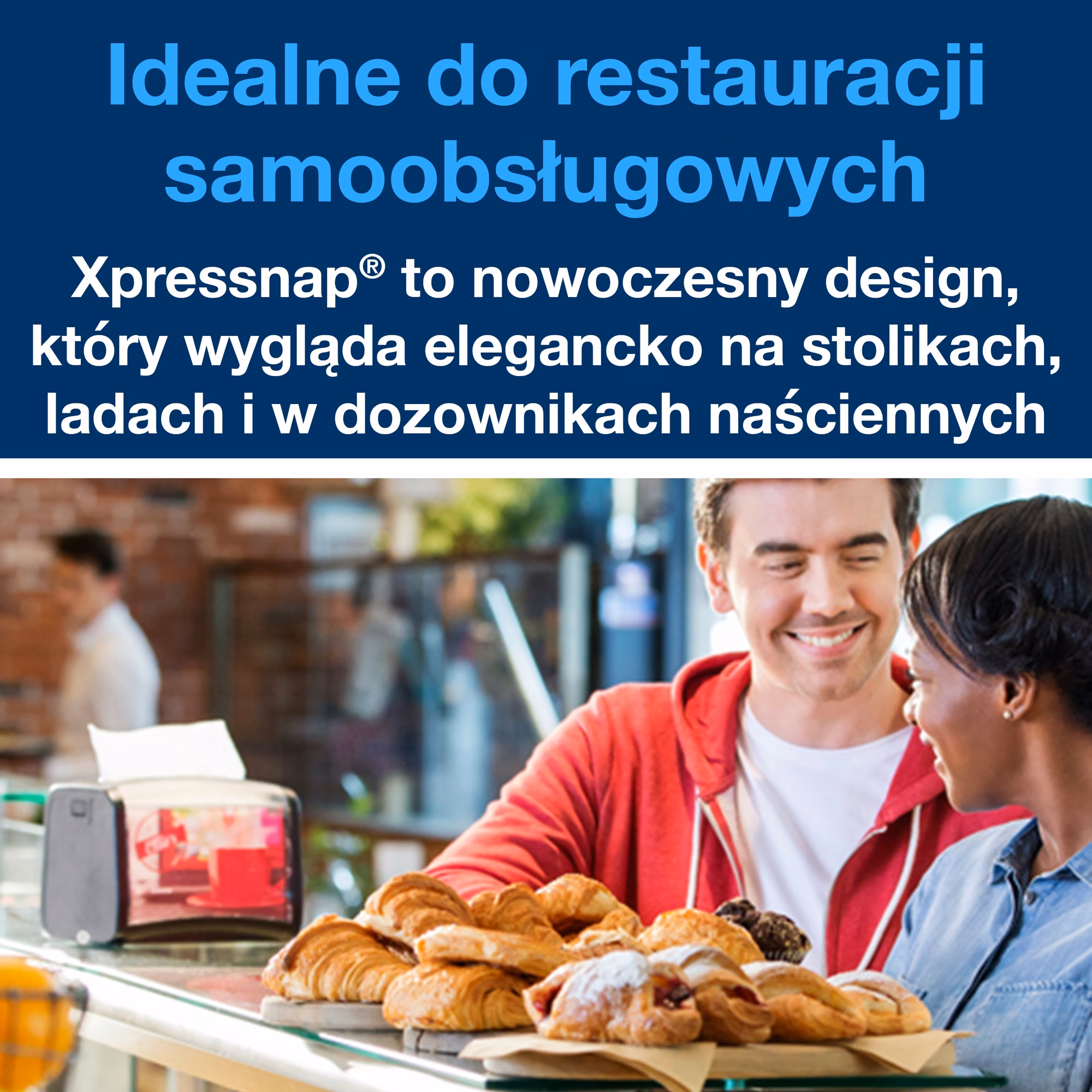 Serwetki Tork Xpressnap® N4 10840, goście w restauracji przy ladzie z przekąskami i dozownikiem serwetek