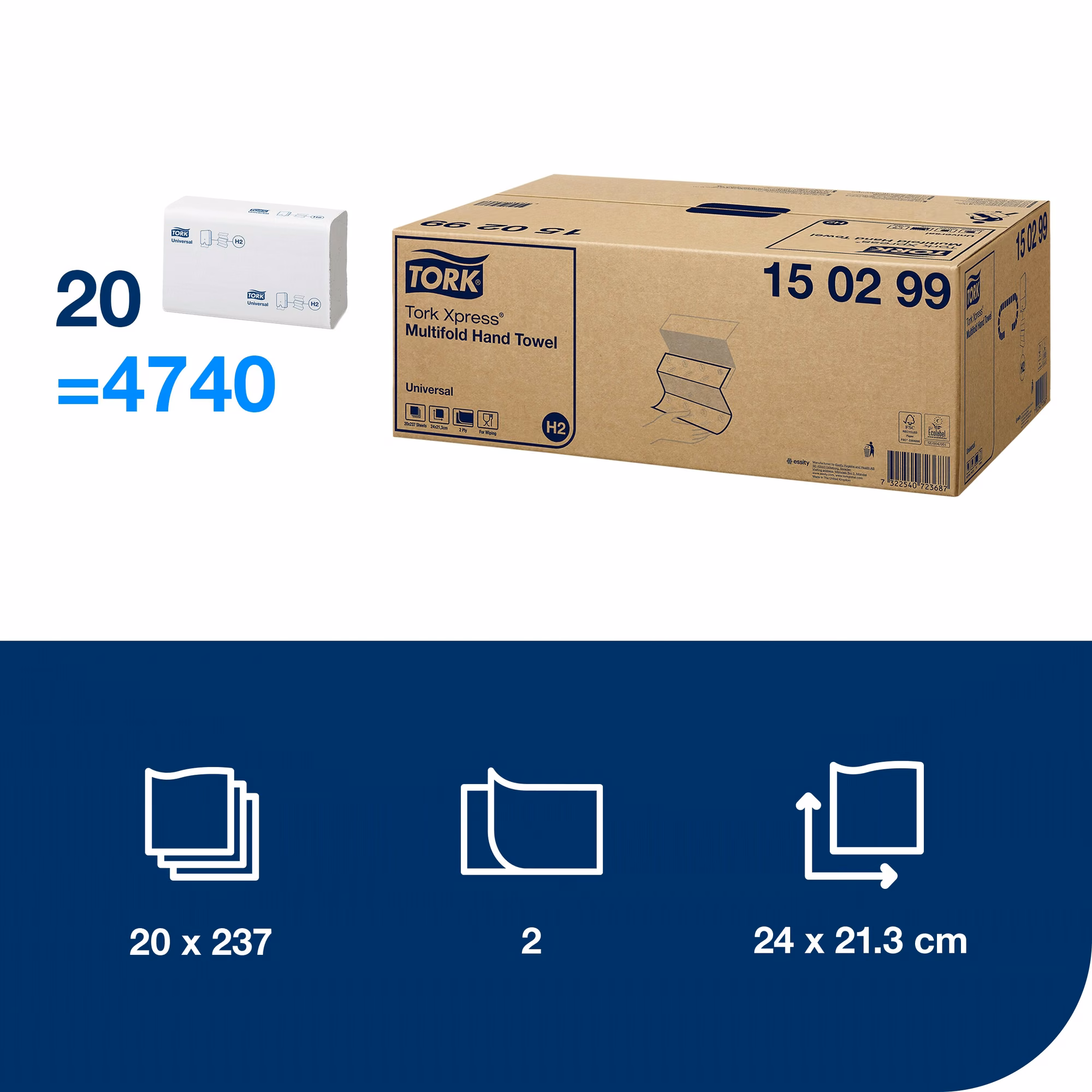 Tork Xpress® ręcznik Multifold, specyfikacja techniczna 20 bind po 237 listków o wymiarach 24x21.3 cm