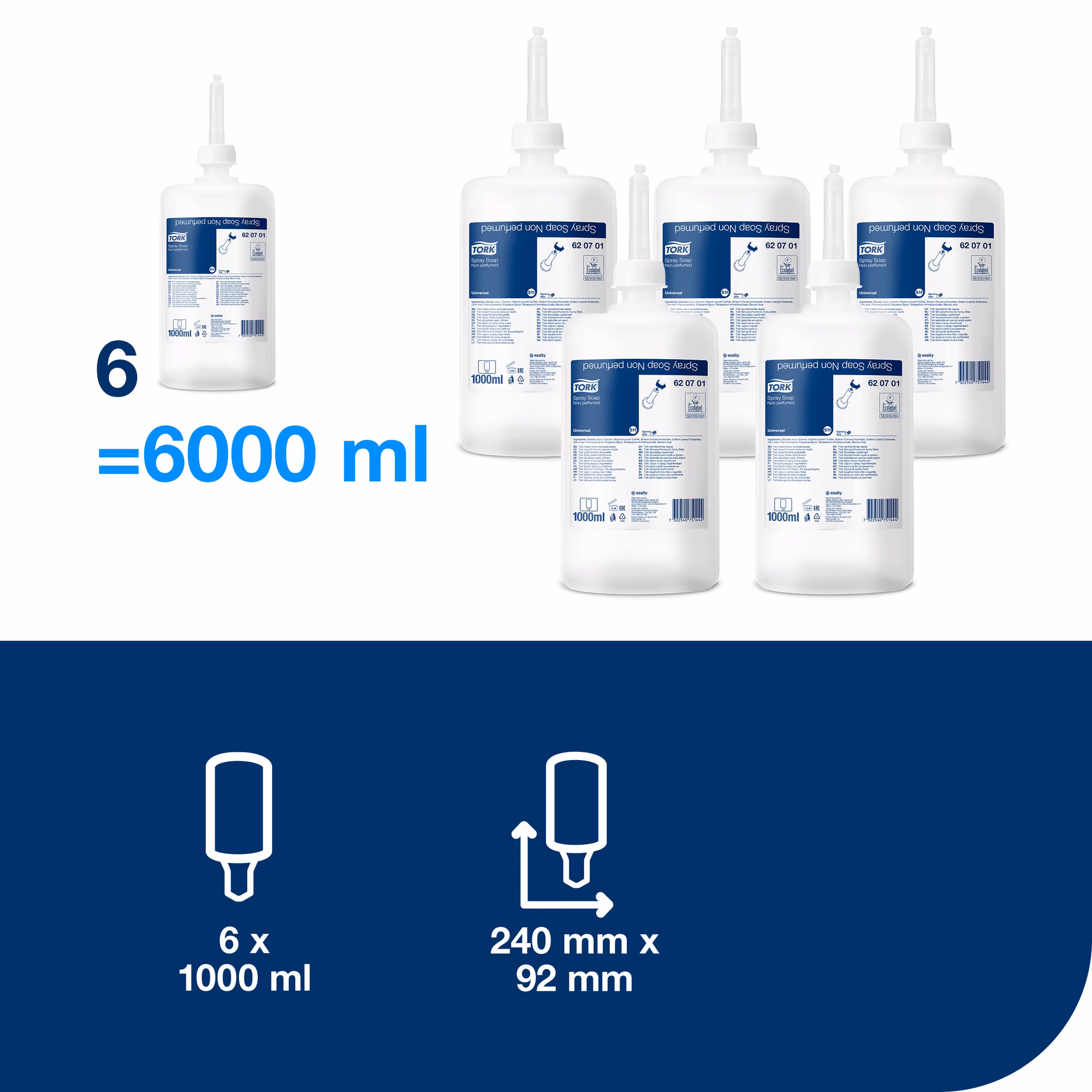 Tork bezzapachowe mydło w sprayu, zestaw 6 wkładów o łącznej pojemności 6000 ml i wymiary opakowania