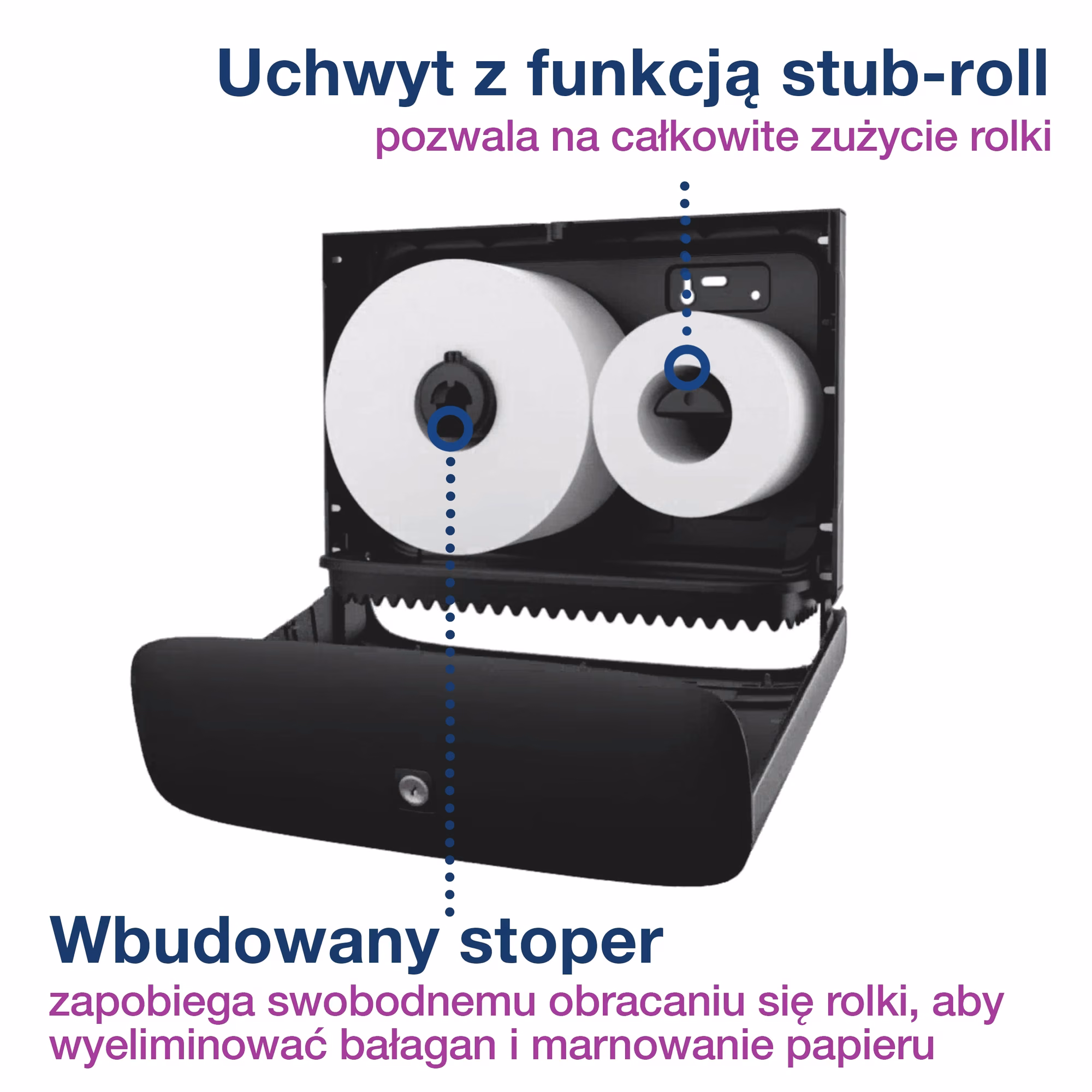 Dozownik na papier toaletowy Tork T2 Mini Jumbo, otwarte wnętrze z funkcją stub-roll i wbudowanym stoperem