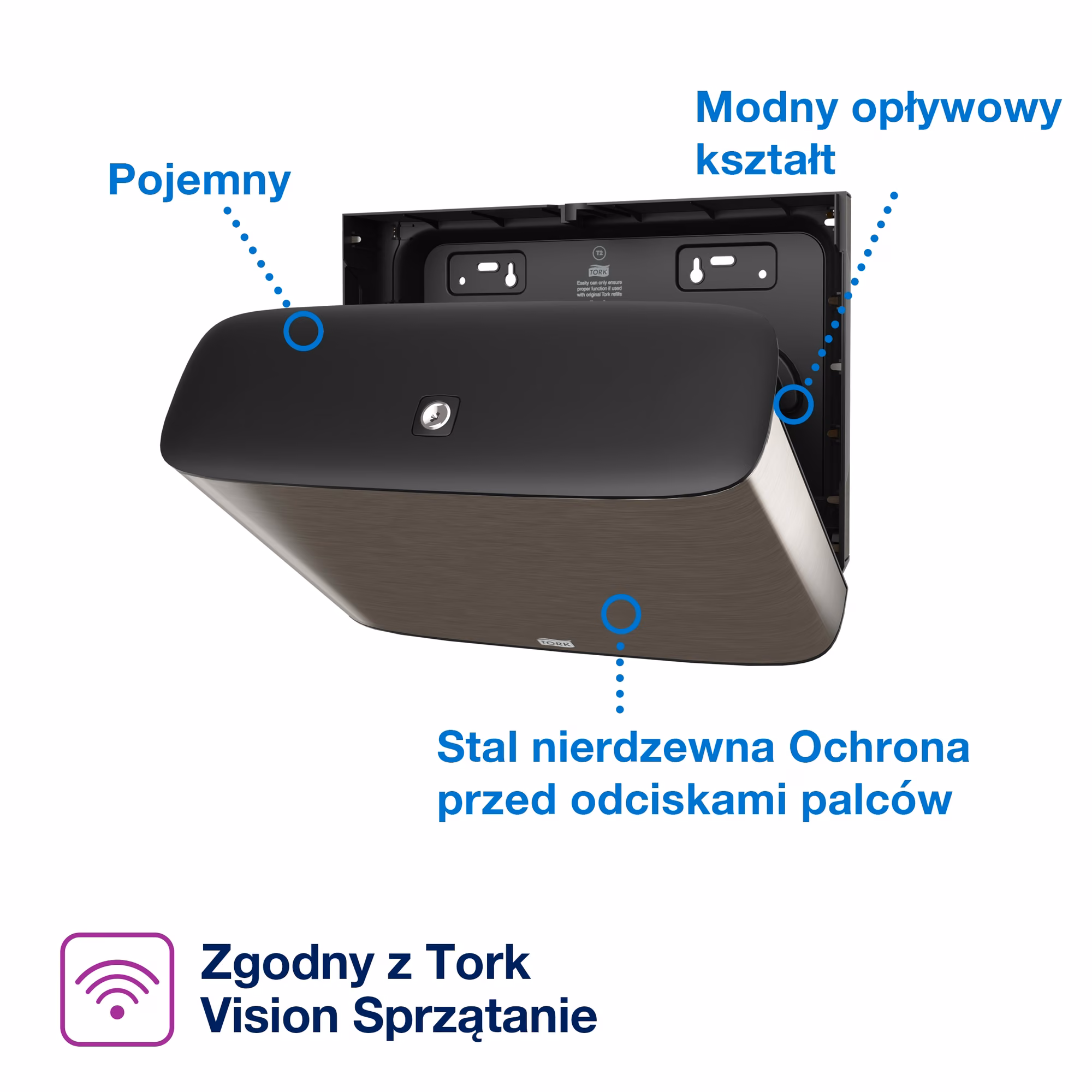 Dozownik na papier toaletowy Tork T2 Mini Jumbo, zbliżenie na zamek i powłokę odporną na odciski palców