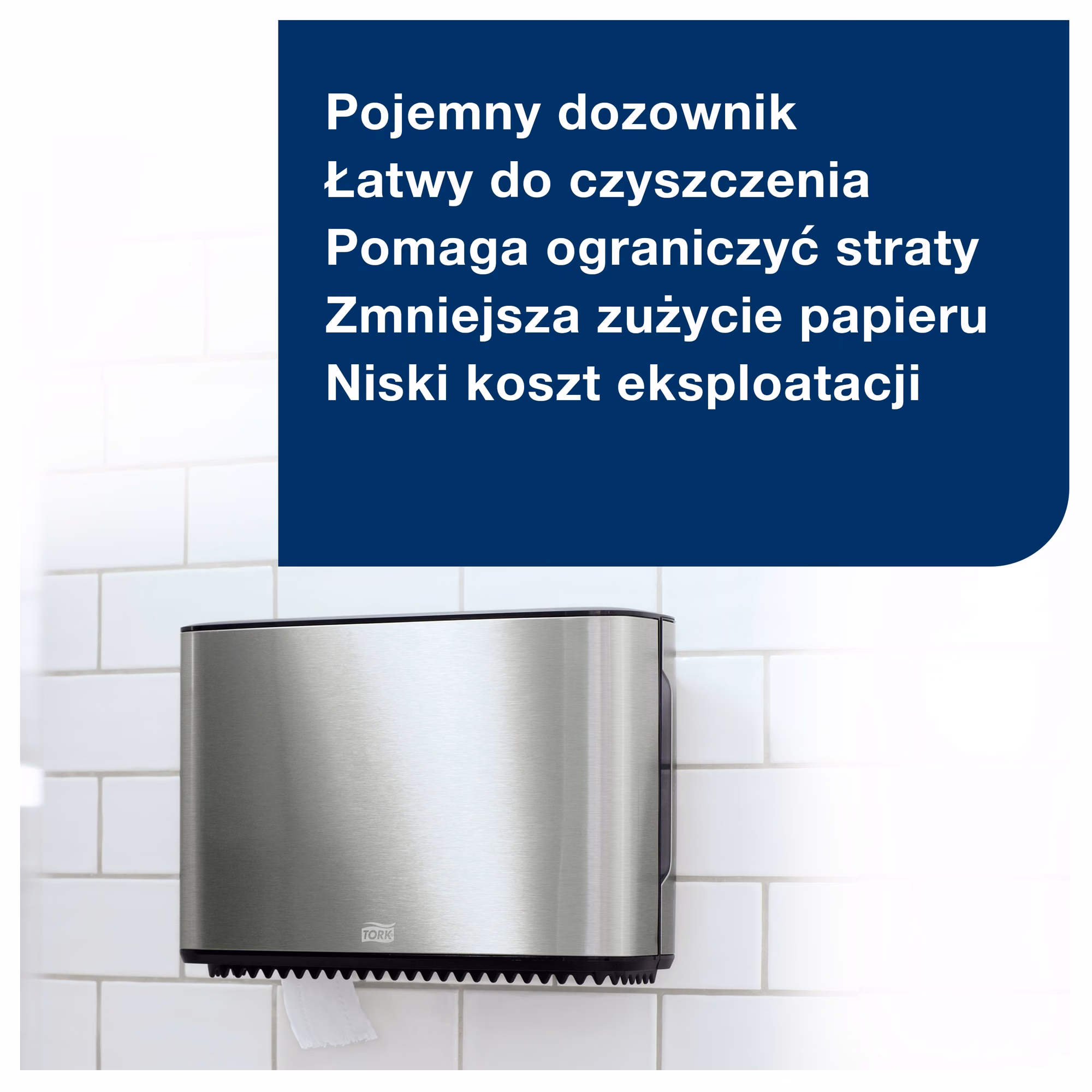 Dozownik na papier toaletowy Tork T2 Mini Jumbo, montaż na białej ścianie z kafelkami w łazience