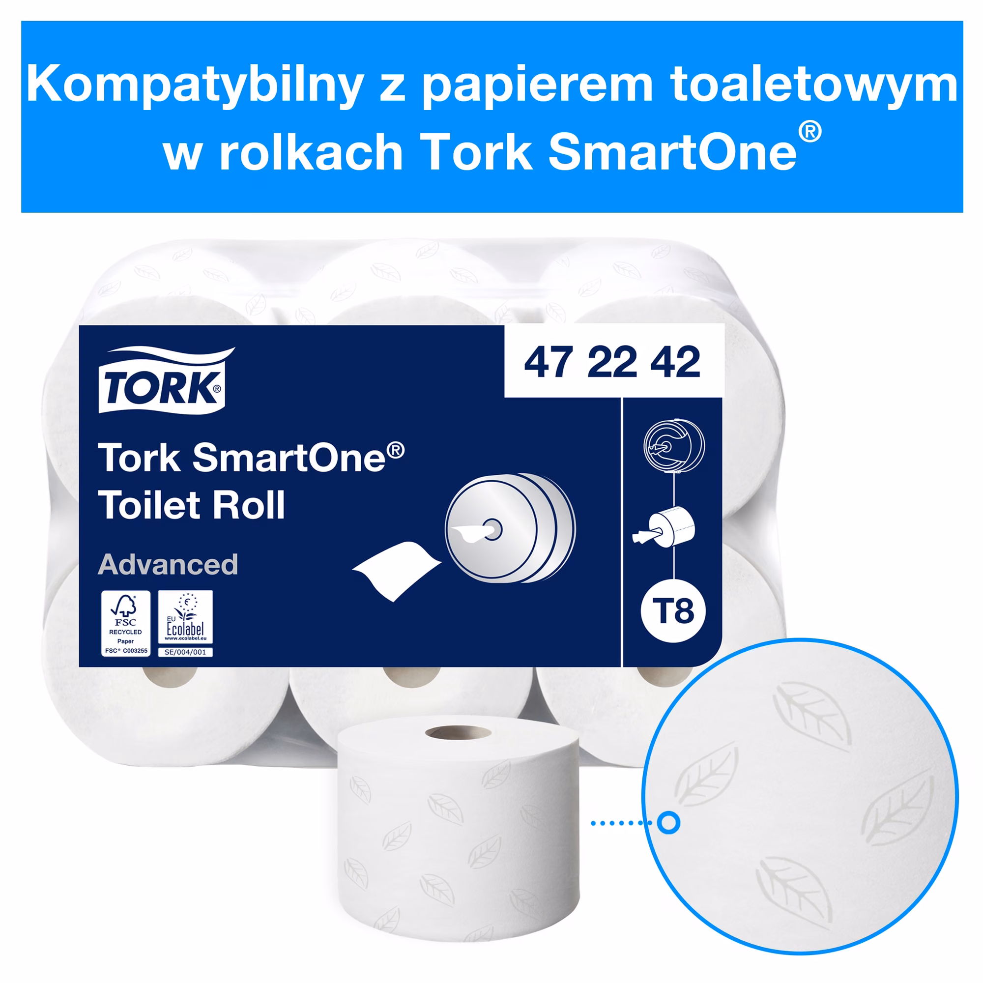 Podajnik na papier toaletowy Tork SmartOne 680000, kompatybilny papier Advanced 472242 z tłoczeniem w liście