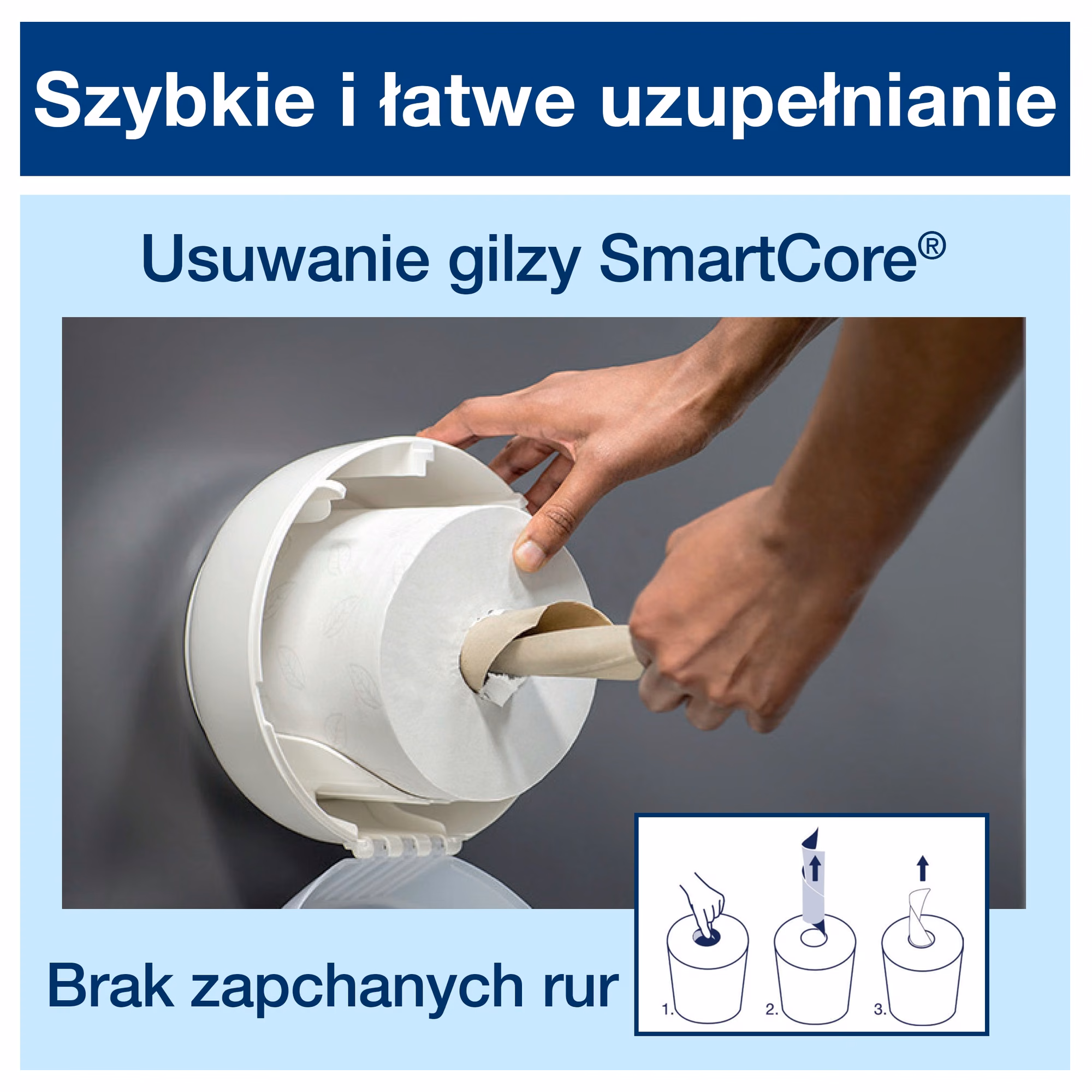 Podajnik na papier toaletowy Tork SmartOne 680000, instrukcja usuwania gilzy SmartCore z wnętrza rolki