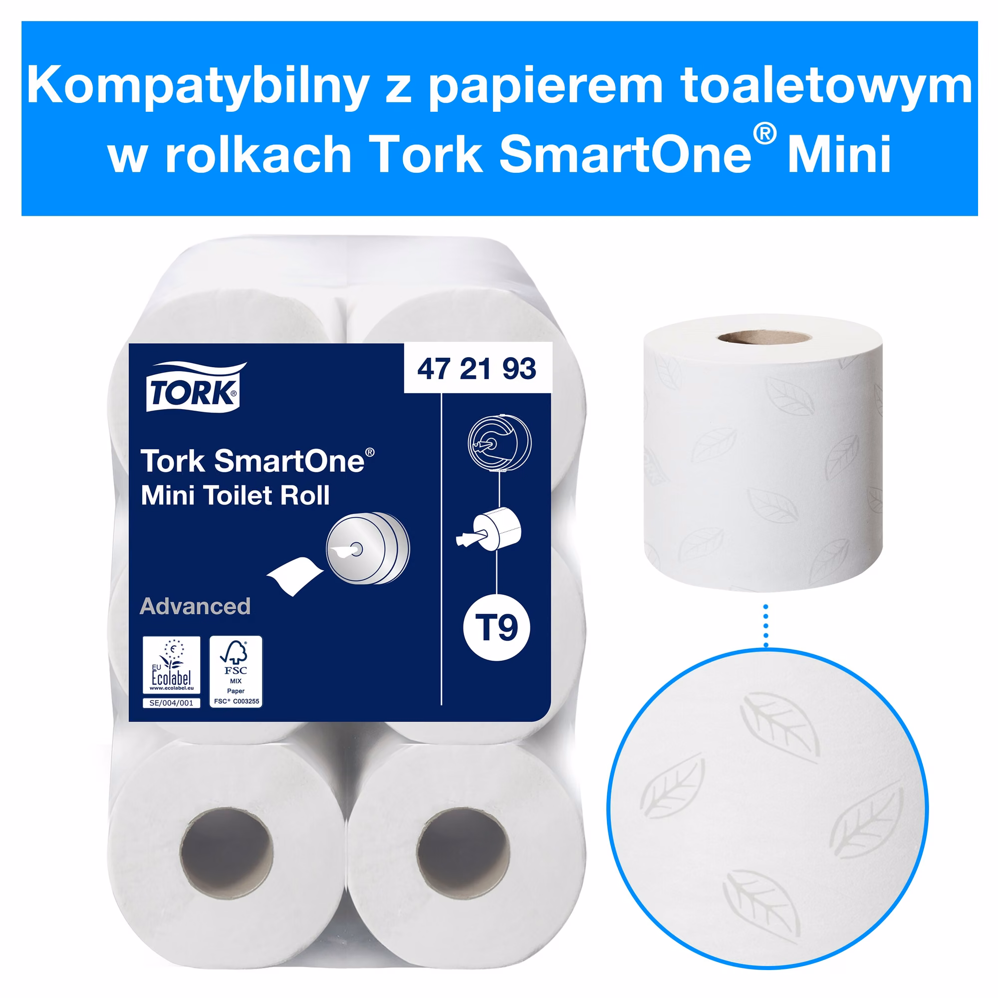 Tork SmartOne mini dozownik do papieru toaletowego, opakowanie zbiorcze rolek T9 z certyfikatem Ecolabel