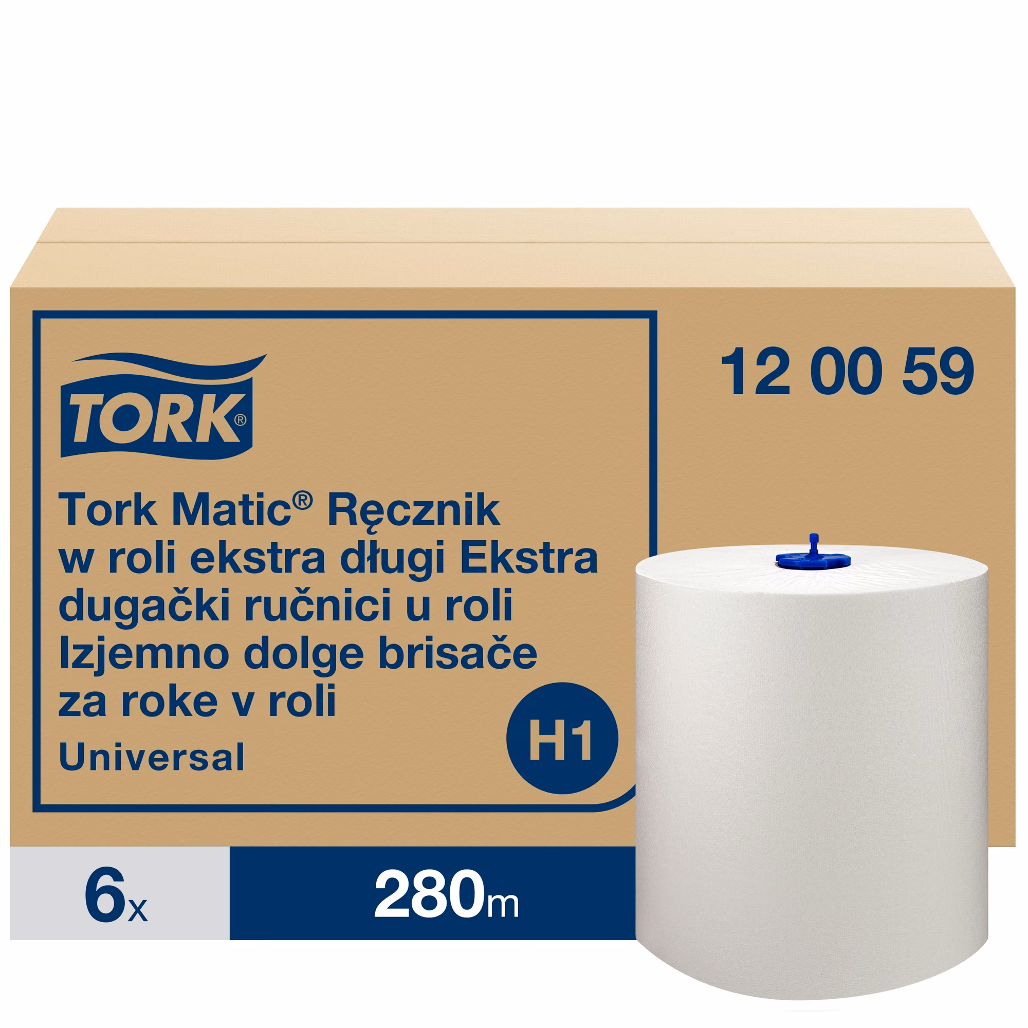 Tork Matic® ekstra długi ręcznik w roli, biała rolka na tle kartonowego opakowania zbiorczego 6 sztuk