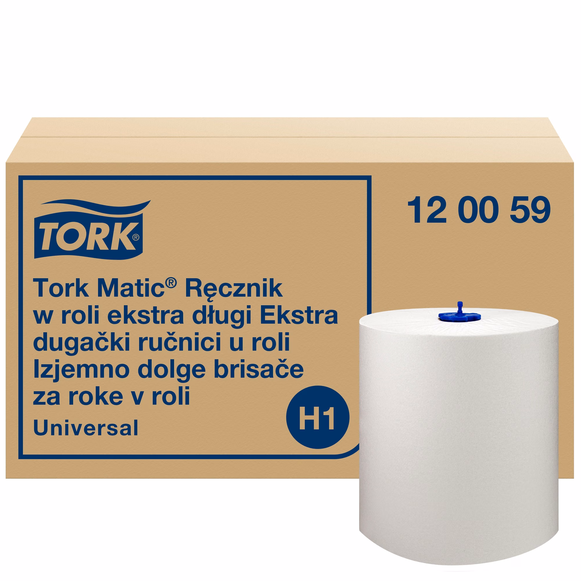 Tork Matic® ekstra długi ręcznik w roli, zbliżenie na pojedynczą rolkę z niebieskim adapterem H1