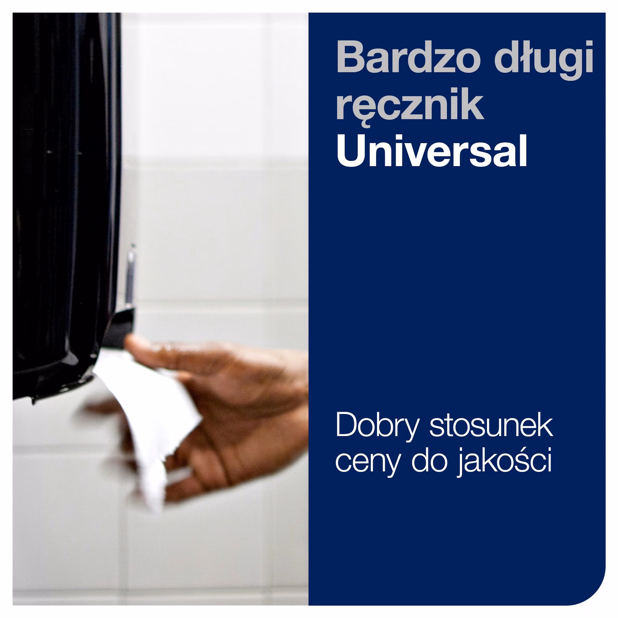 Tork Matic® ekstra długi ręcznik w roli, dłoń wyciągająca papier z czarnego dozownika w łazience