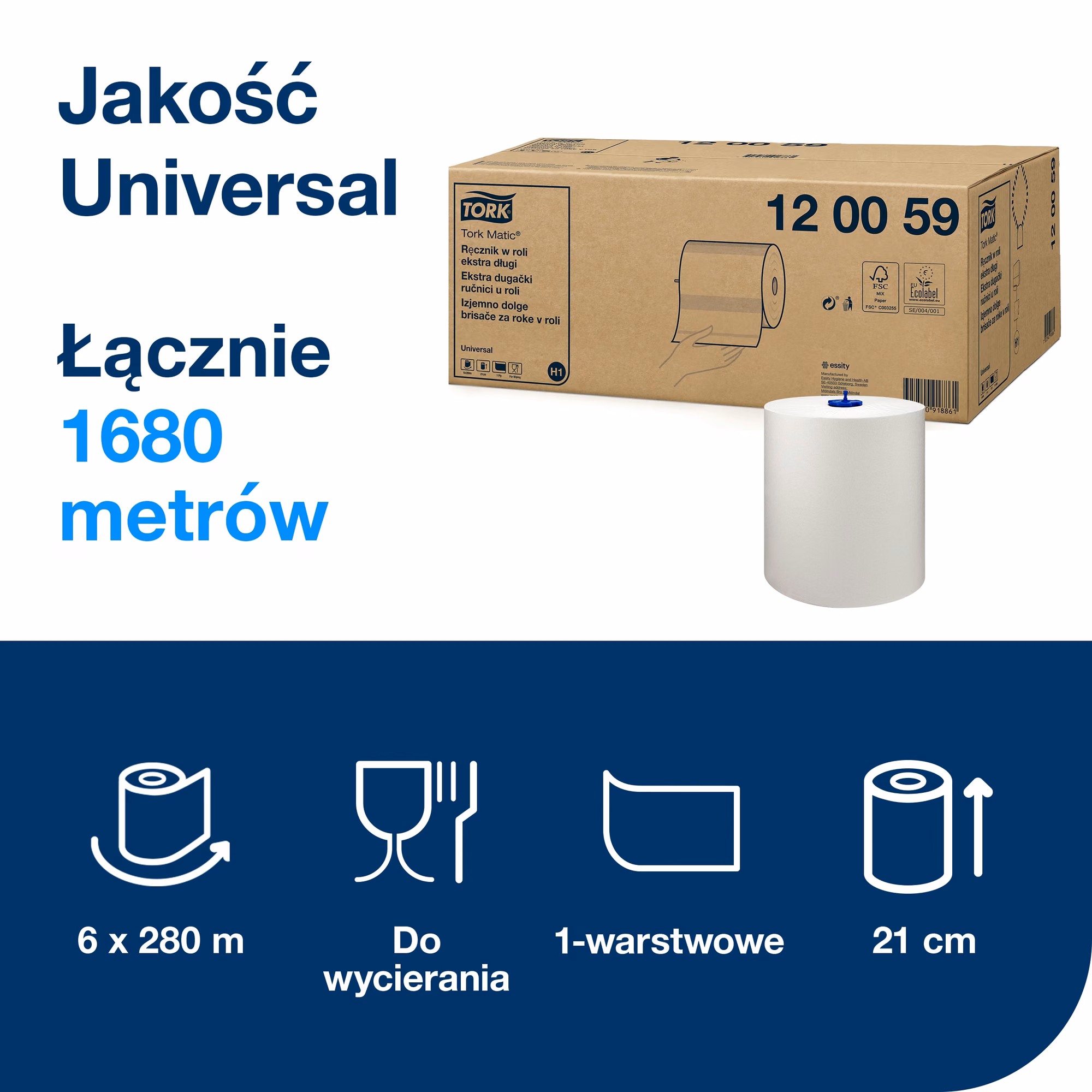 Tork Matic® ekstra długi ręcznik w roli, parametry techniczne 1680 metrów papieru i 1-warstwowa struktura