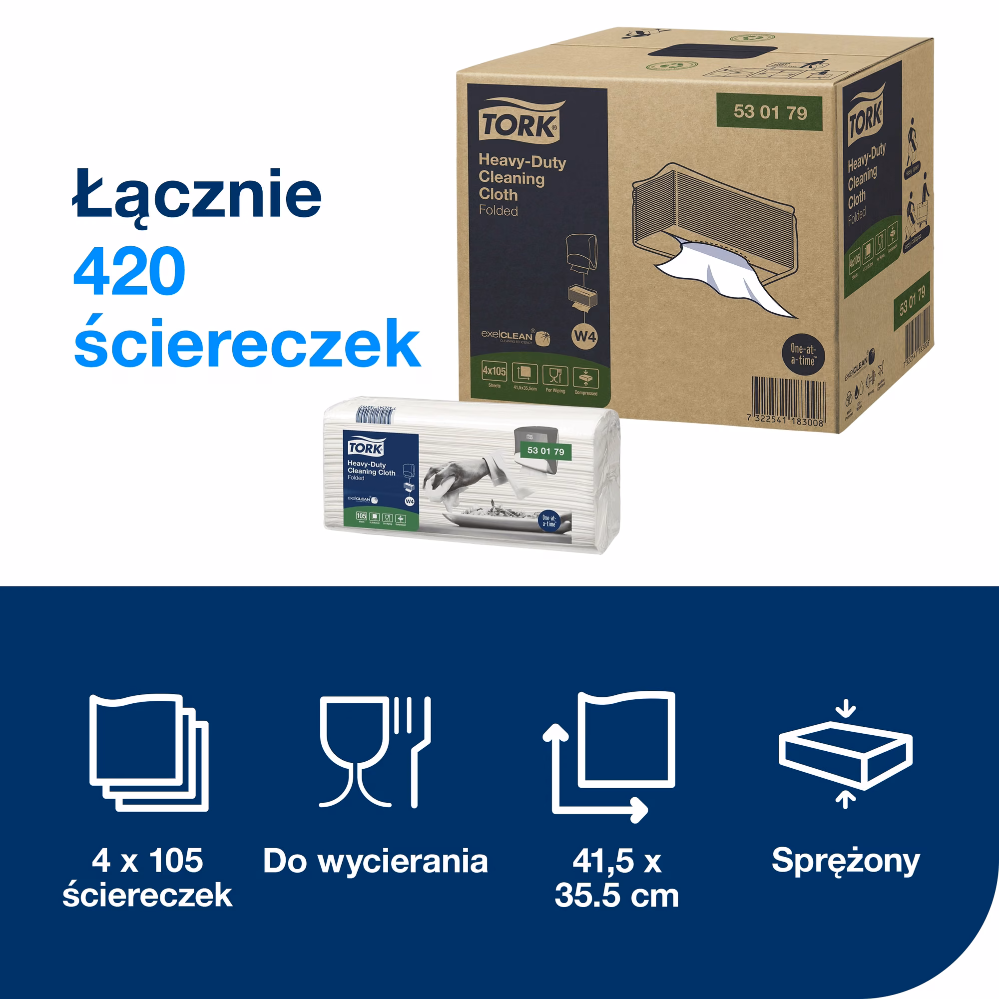 Ściereczki do trudnych zabrudzeń Tork W4 białe, specyfikacja techniczna 420 sztuk o wymiarach 41,5 na 35,5 cm