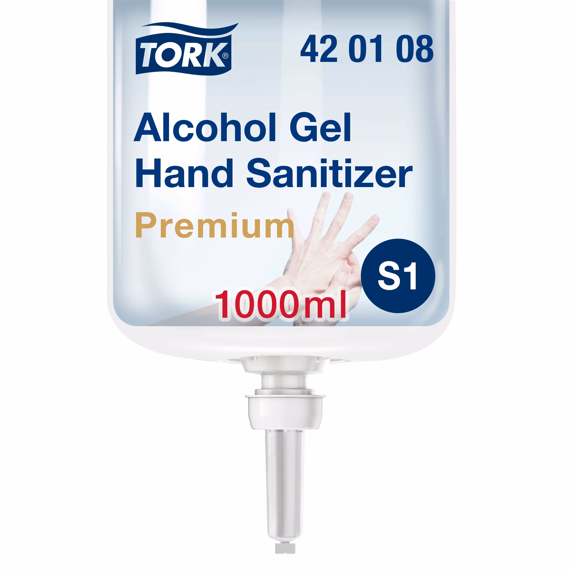 Tork alkoholowy preparat w żelu do dezynfekcji rąk, zbliżenie na etykietę produktu Premium 420108