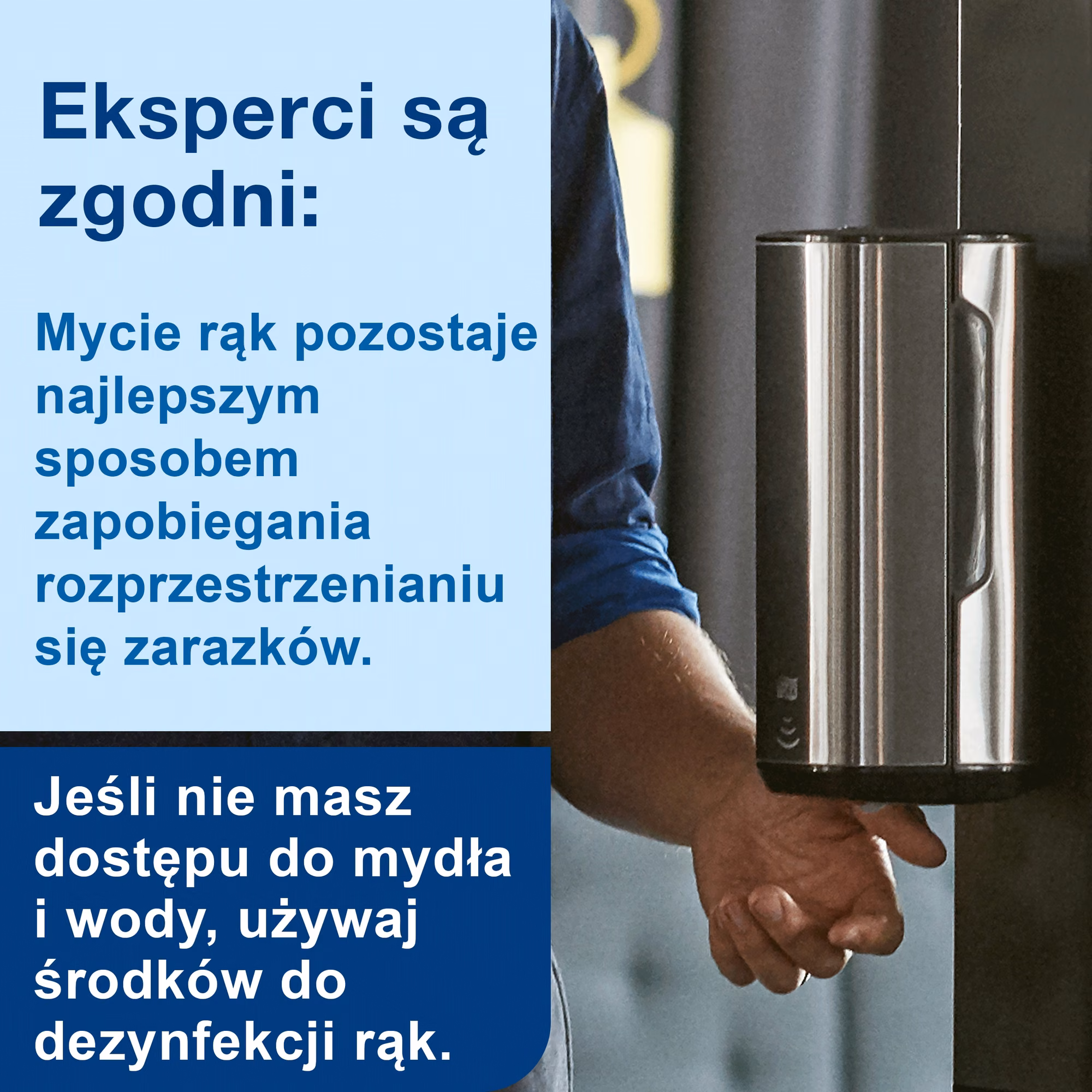 Tork alkoholowy preparat w żelu do dezynfekcji rąk, dłoń pod dozownikiem w nowoczesnym wnętrzu
