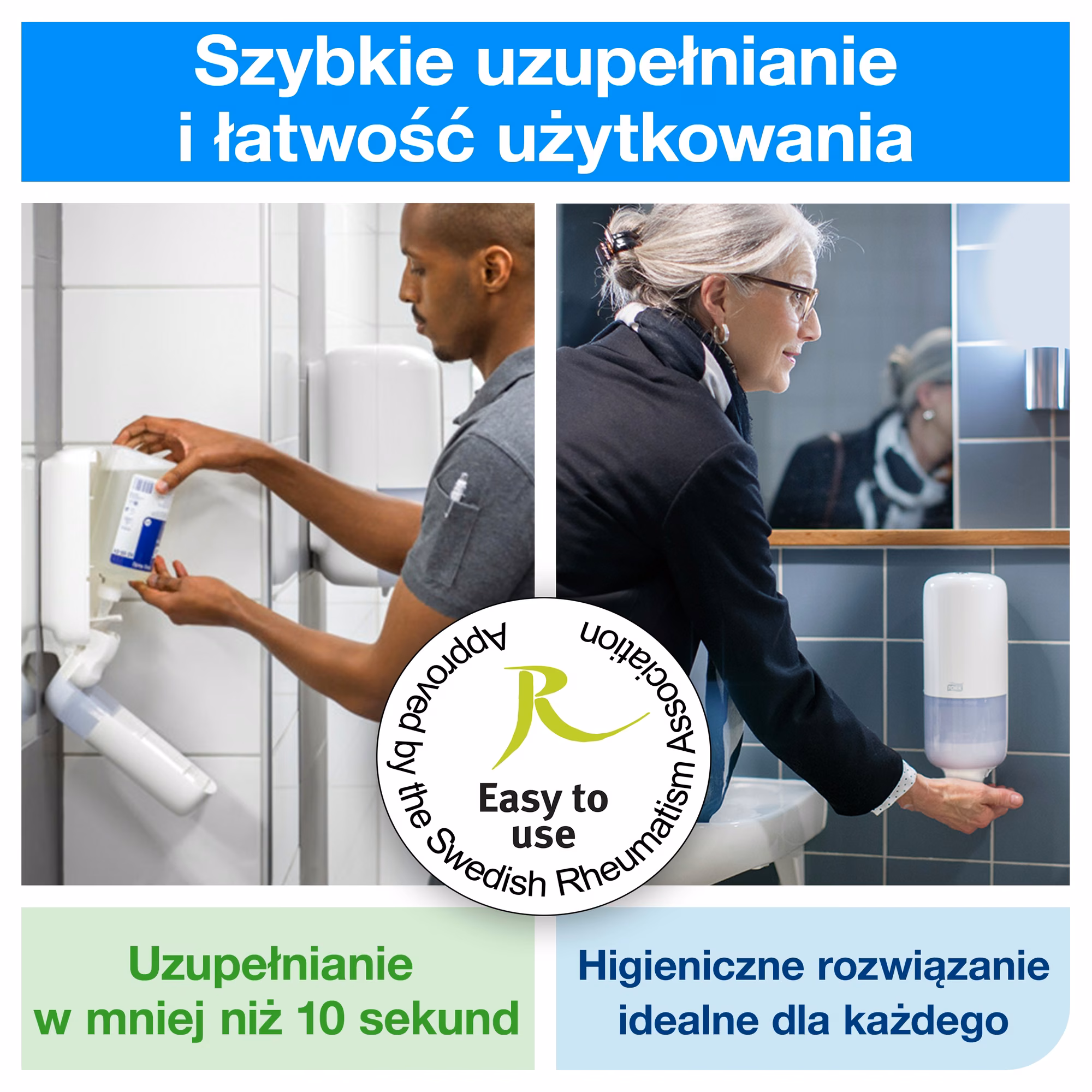 Tork alkoholowy preparat w żelu do dezynfekcji rąk, proces wymiany wkładu w dozowniku ściennym