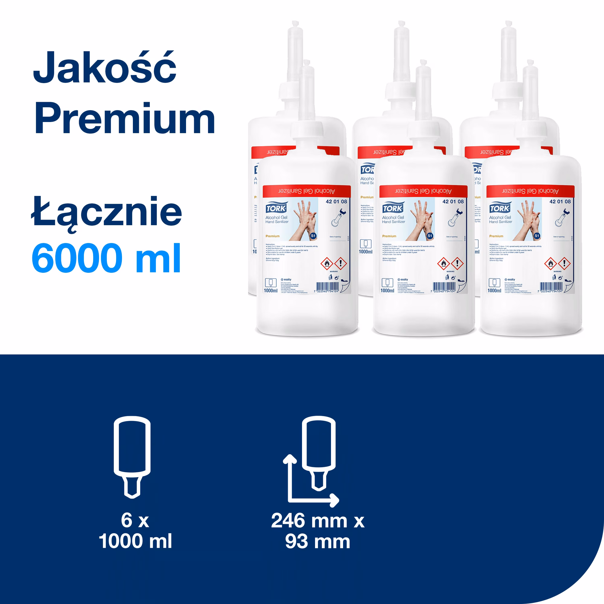 Tork alkoholowy preparat w żelu do dezynfekcji rąk, opakowanie zbiorcze 6 sztuk o łącznej pojemności 6000 ml
