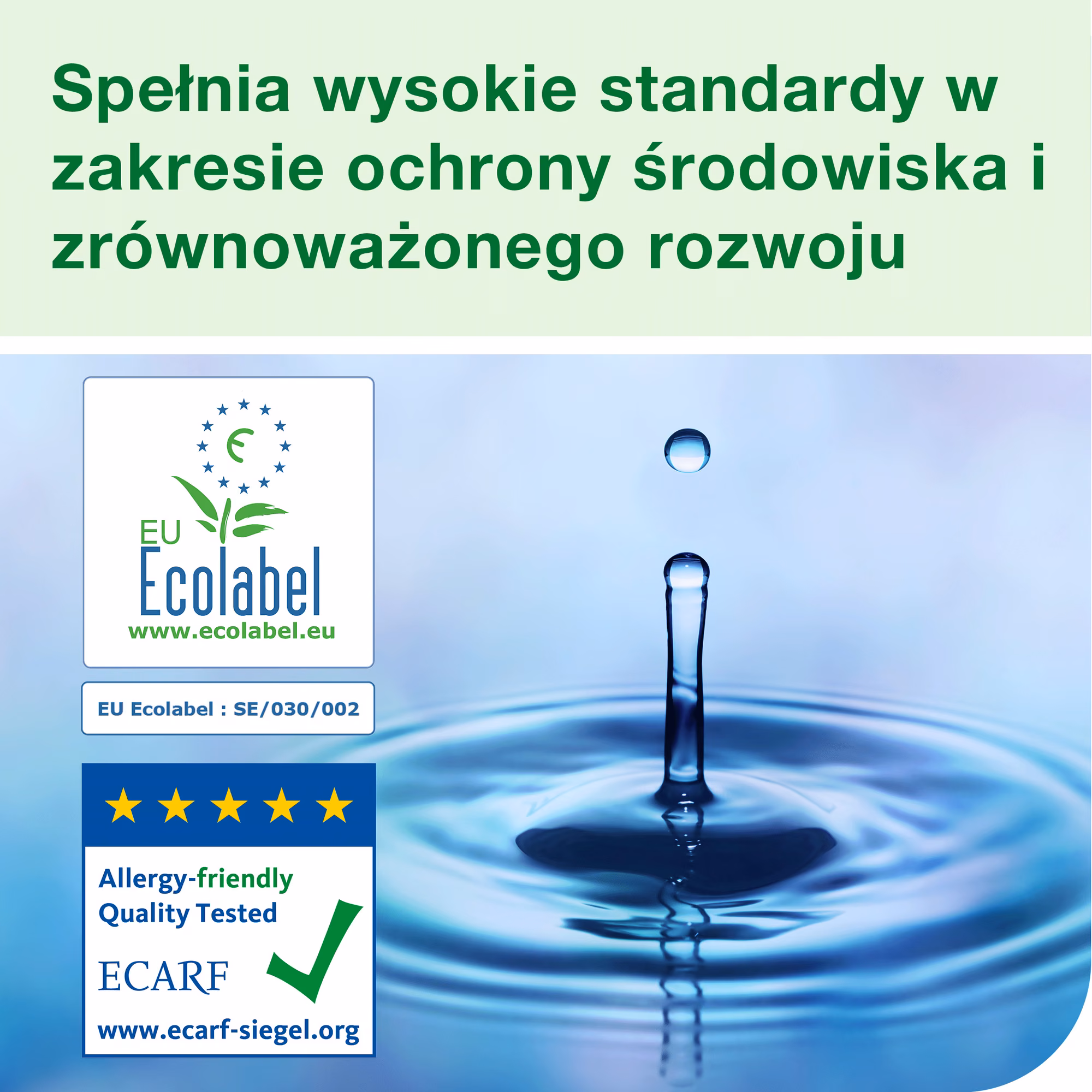 Tork łagodne mydło w pianie do rąk S4, certyfikaty EU Ecolabel oraz ECARF na tle kropli wody