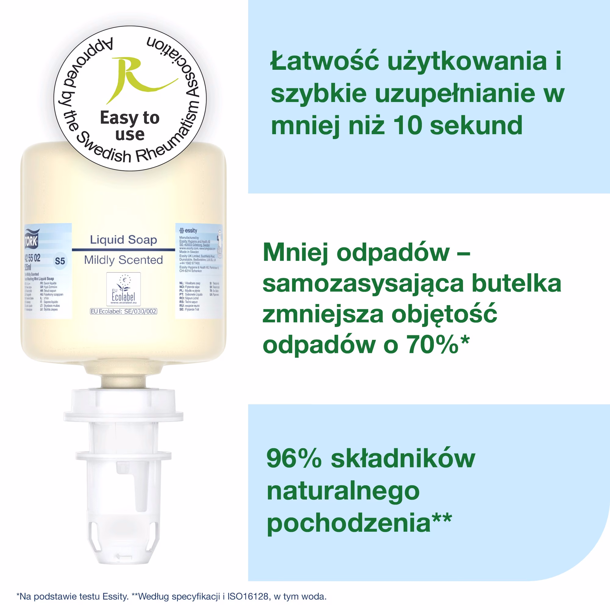 Tork mydło w płynie mini S5, certyfikat Easy to use oraz informacja o 96% składników naturalnych