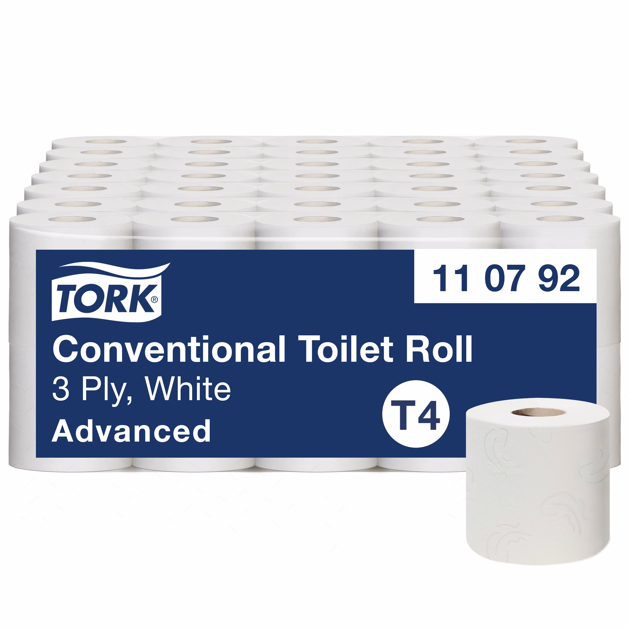 Tork miękki papier toaletowy w rolce, 3-warstwowy, widok na ułożone warstwowo białe rolki w folii
