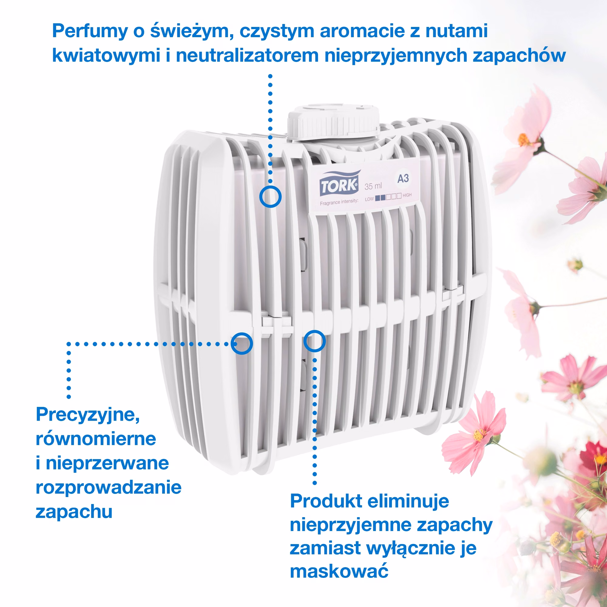 Tork odświeżacz powietrza Constant, zbliżenie na konstrukcję wkładu z opisem równomiernego uwalniania zapachu