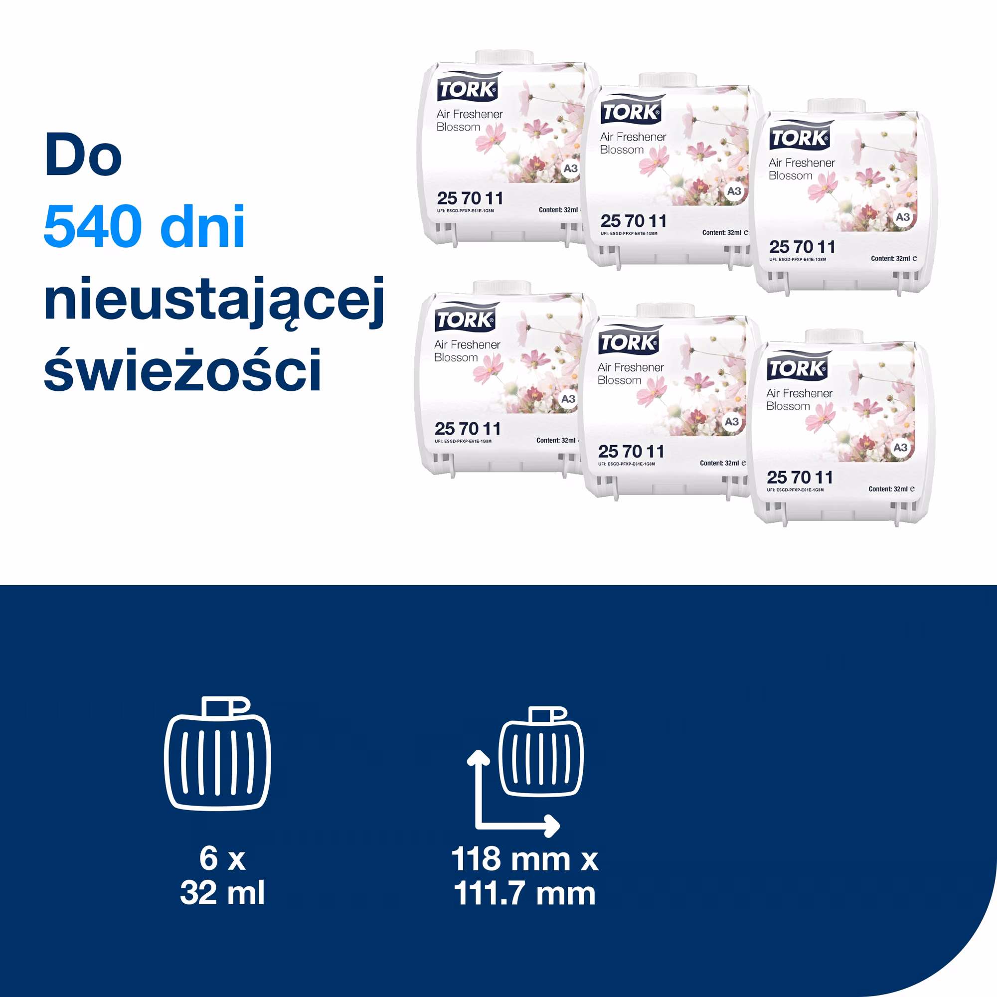 Tork odświeżacz powietrza Constant, zestaw 6 wkładów z informacją o wydajności do 540 dni i wymiarach