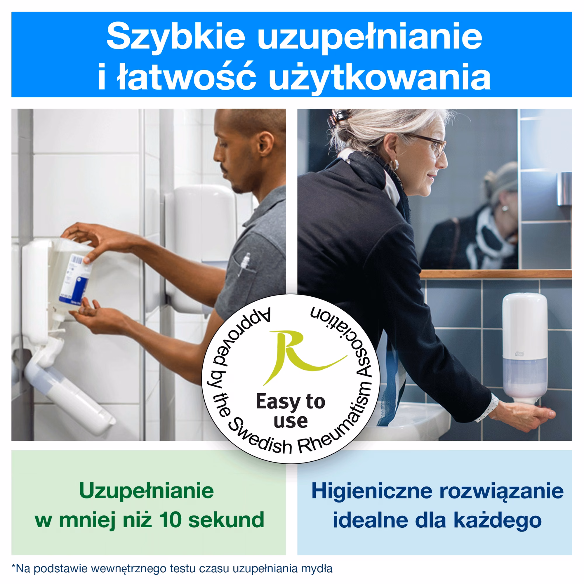 Tork luksusowe mydło w płynie S1, wymiana wkładu w dozowniku i certyfikat Swedish Rheumatism Association