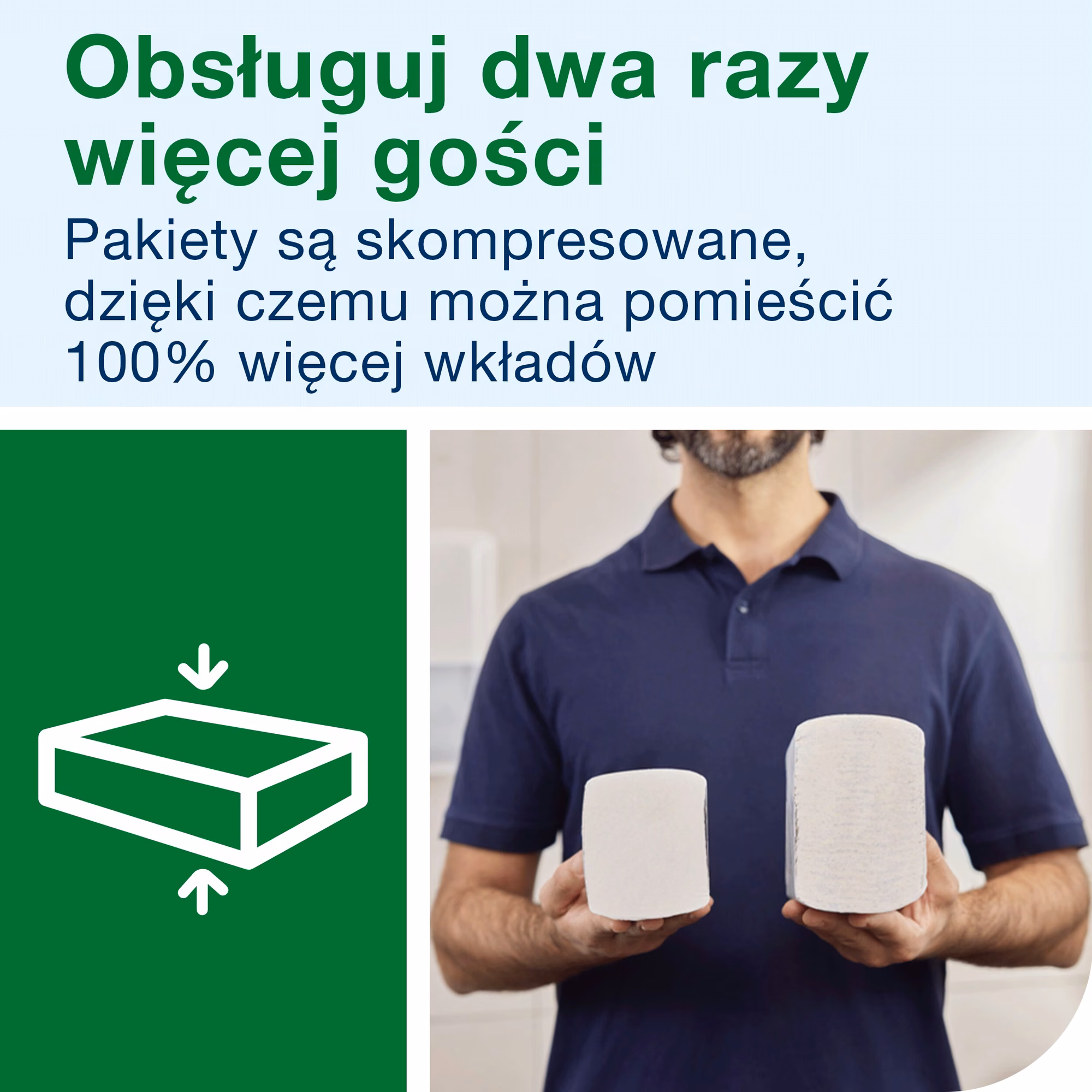 Tork Xpress 100889, porównanie wielkości standardowej i skompresowanej bindy ręczników w dłoniach