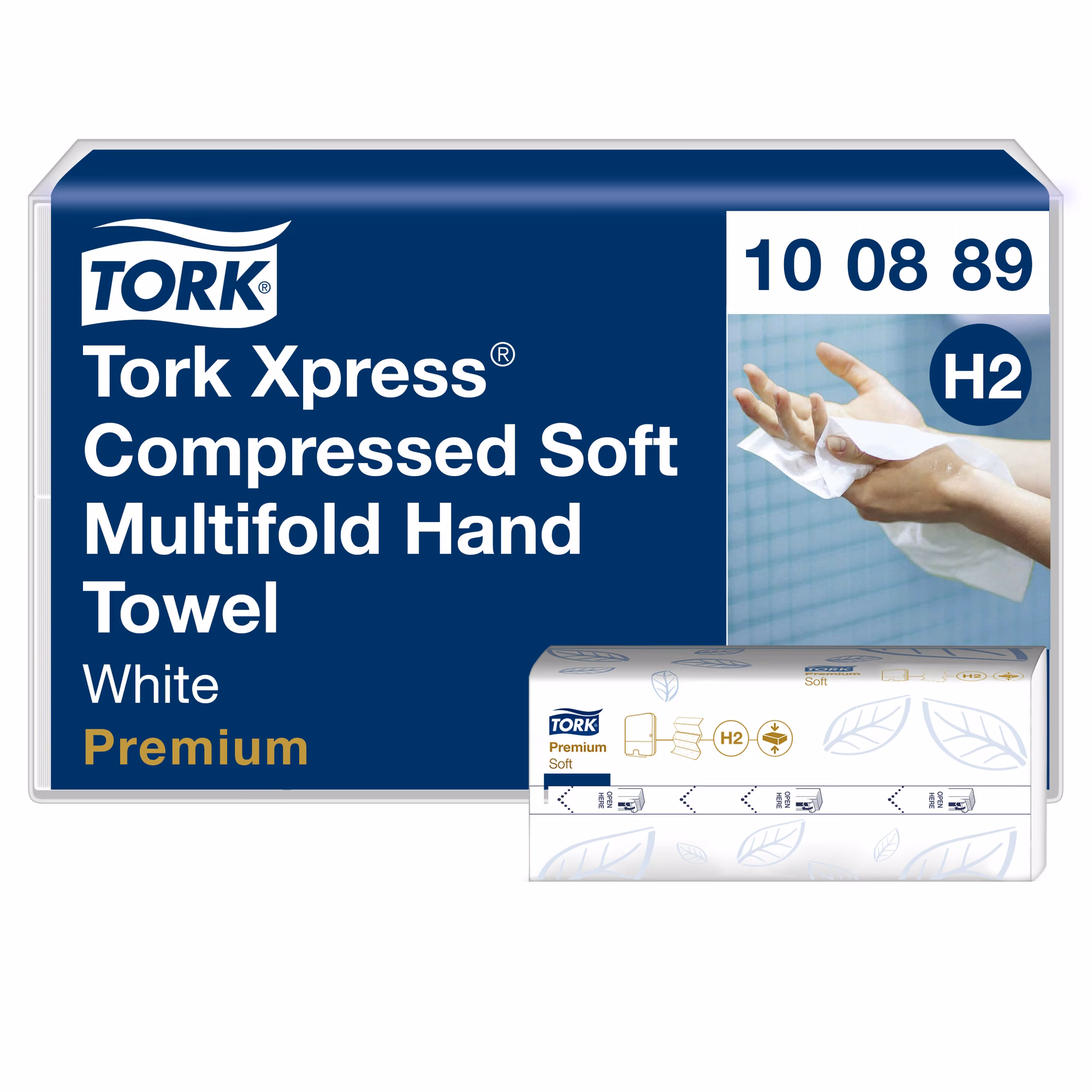 Tork Xpress 100889 Premium, binda ręczników papierowych z motywem liścia i oznaczeniem systemu H2