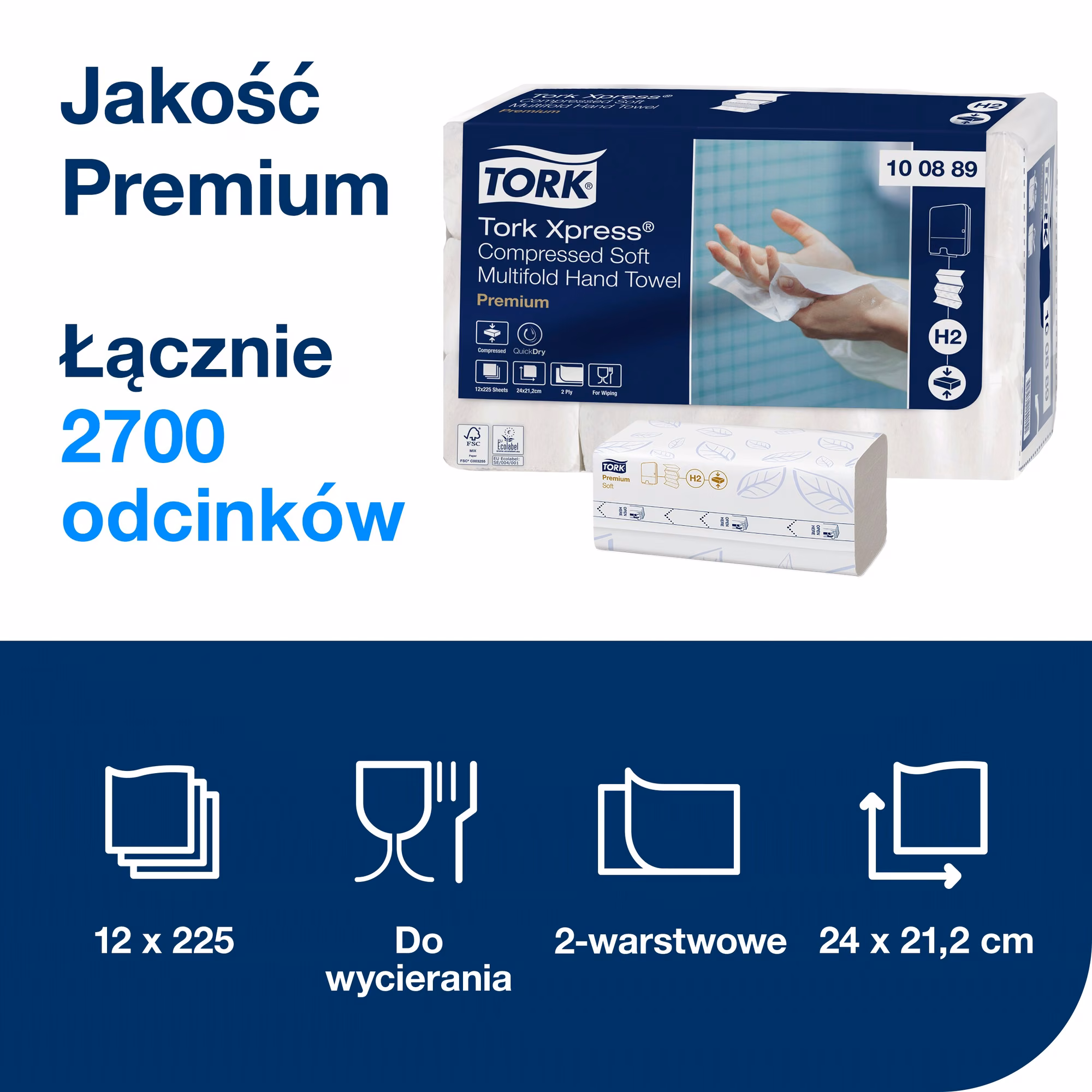 Tork Xpress 100889, infografika z parametrami produktu 2700 odcinków i wymiarami 24 na 21,2 cm