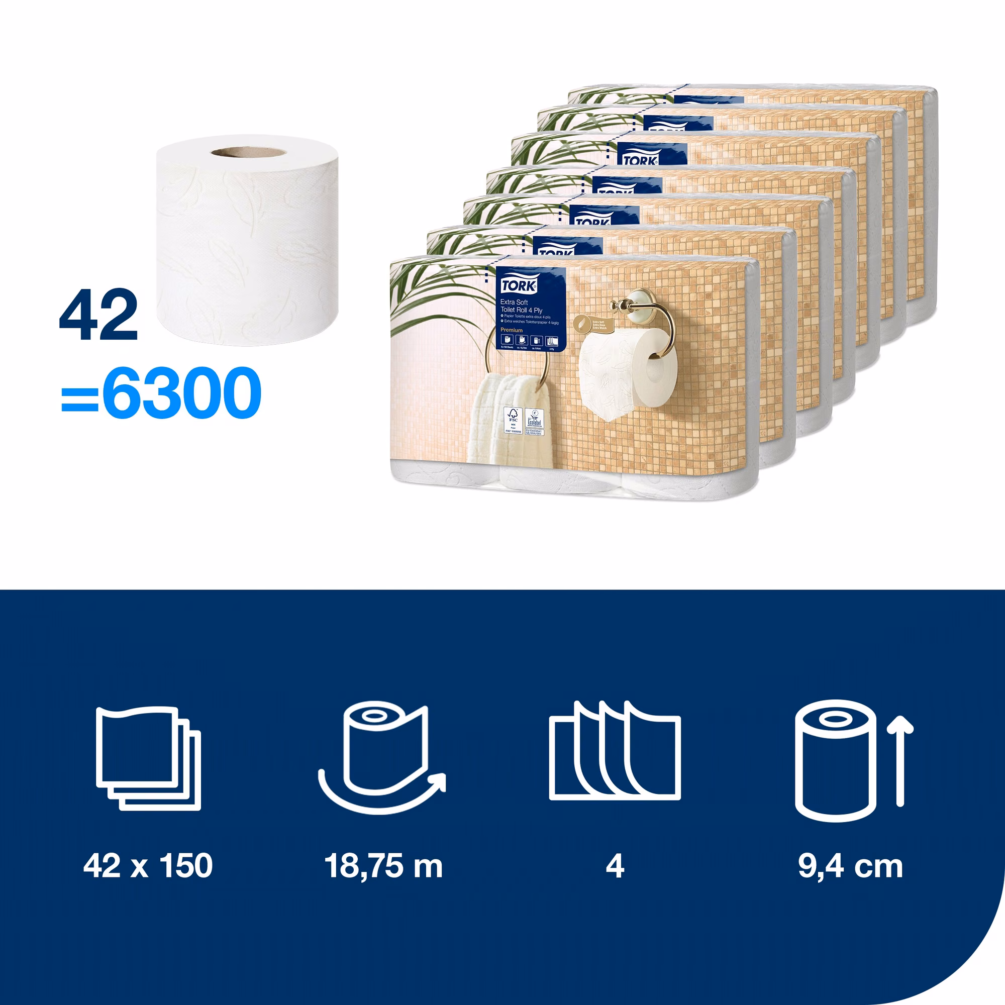 Tork ekstra miękki papier toaletowy w rolce konwencjonalnej, specyfikacja techniczna 150 listków i 18,75 m długości