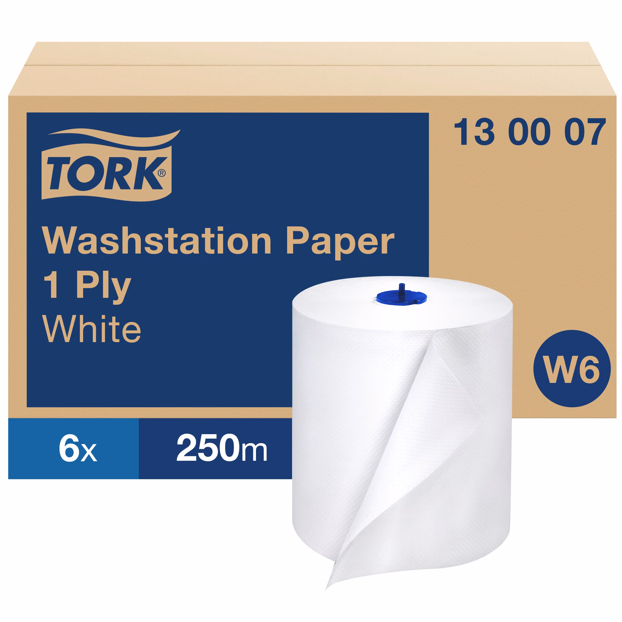 Tork czyściwo papierowe W6 130007, biała rolka na tle kartonu zbiorczego 6x250m