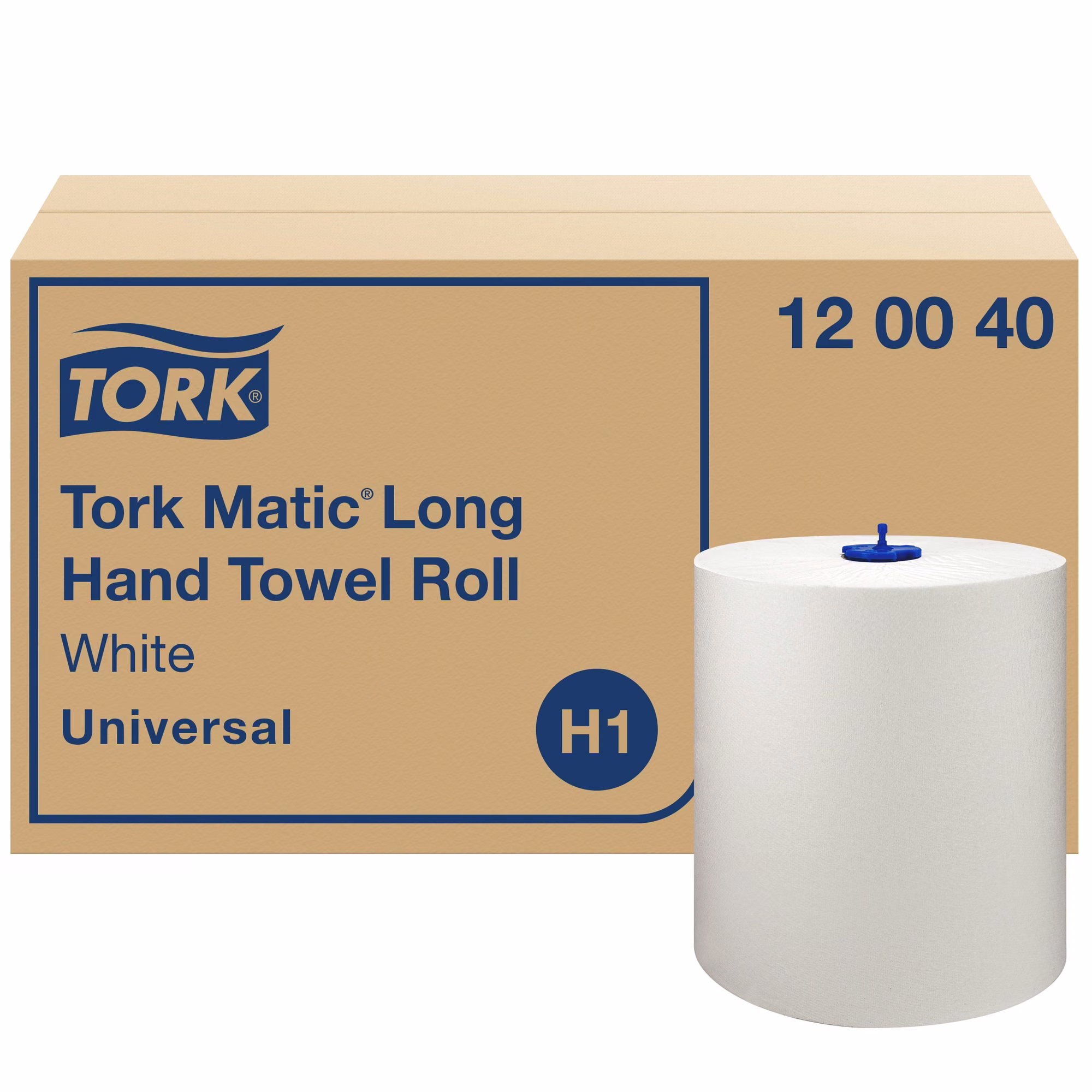 Tork Matic® długi ręcznik do rąk w roli, 220 m, zbliżenie na pojedynczą rolkę z niebieskim adapterem