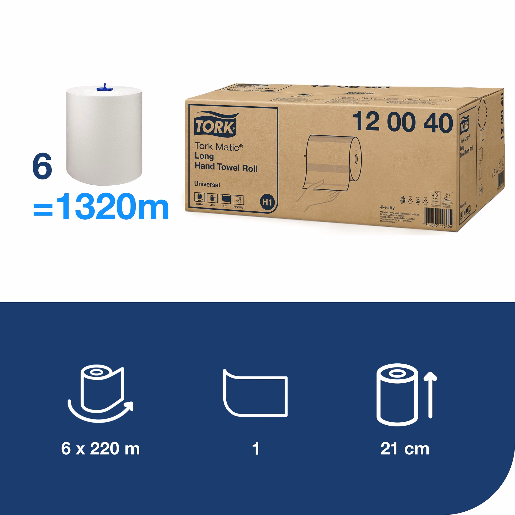 Tork Matic® długi ręcznik do rąk w roli, 220 m, specyfikacja techniczna roli o szerokości 21 cm i długości 1320 m