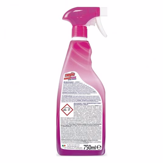 Odtłuszczacz z Wybielaczem Meglio w Piance Spray Różowy 750 ml, etykieta tylna z instrukcją i składem