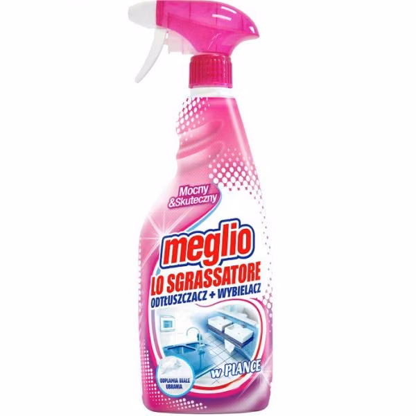 Odtłuszczacz z Wybielaczem Meglio w Piance Spray Różowy 750 ml, polska wersja etykiety z napisem w piance