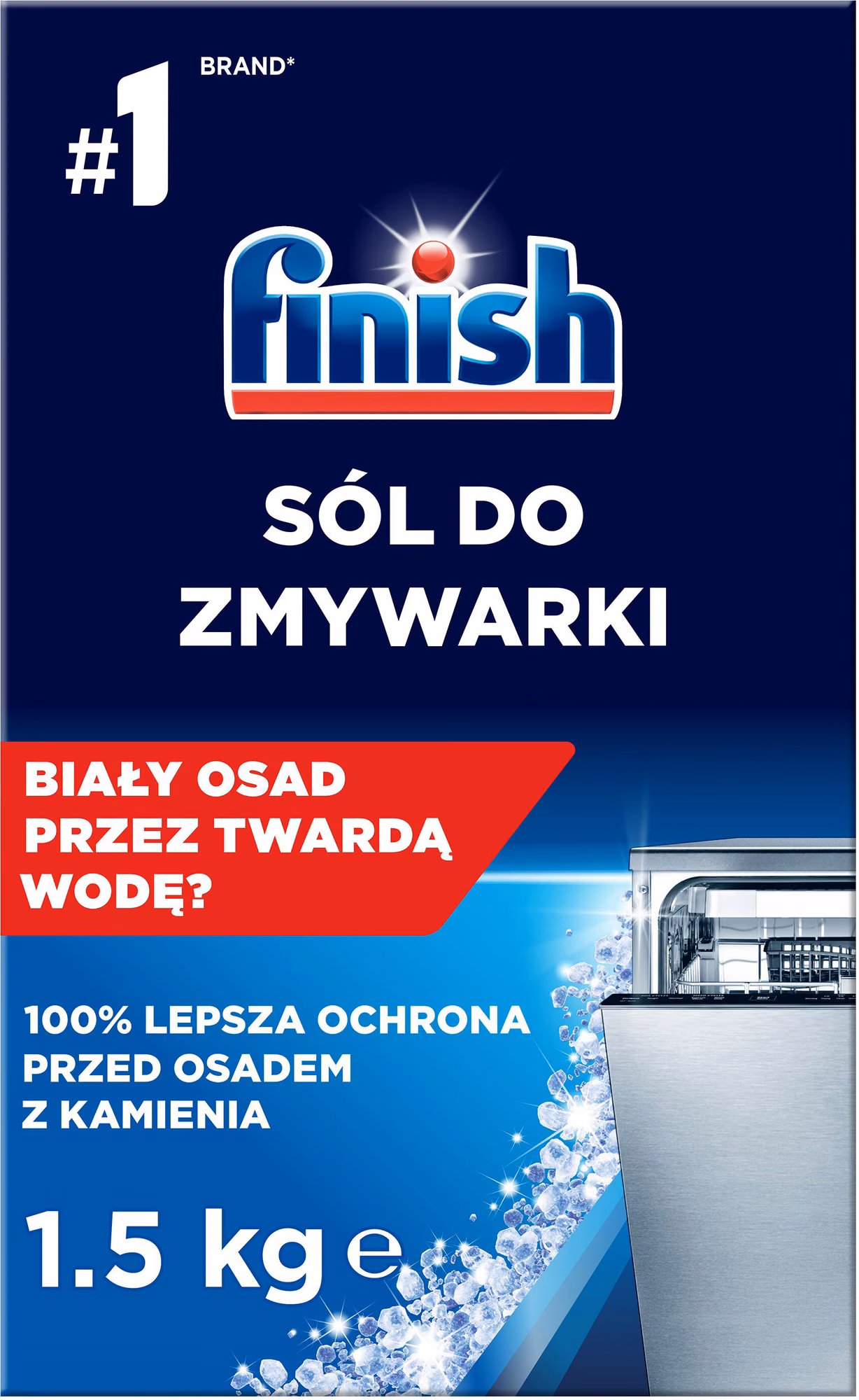 Sól do Zmywarek Ochronna Finish Salt 1.5 kg, przód opakowania z grafiką kryształków soli i zmywarki