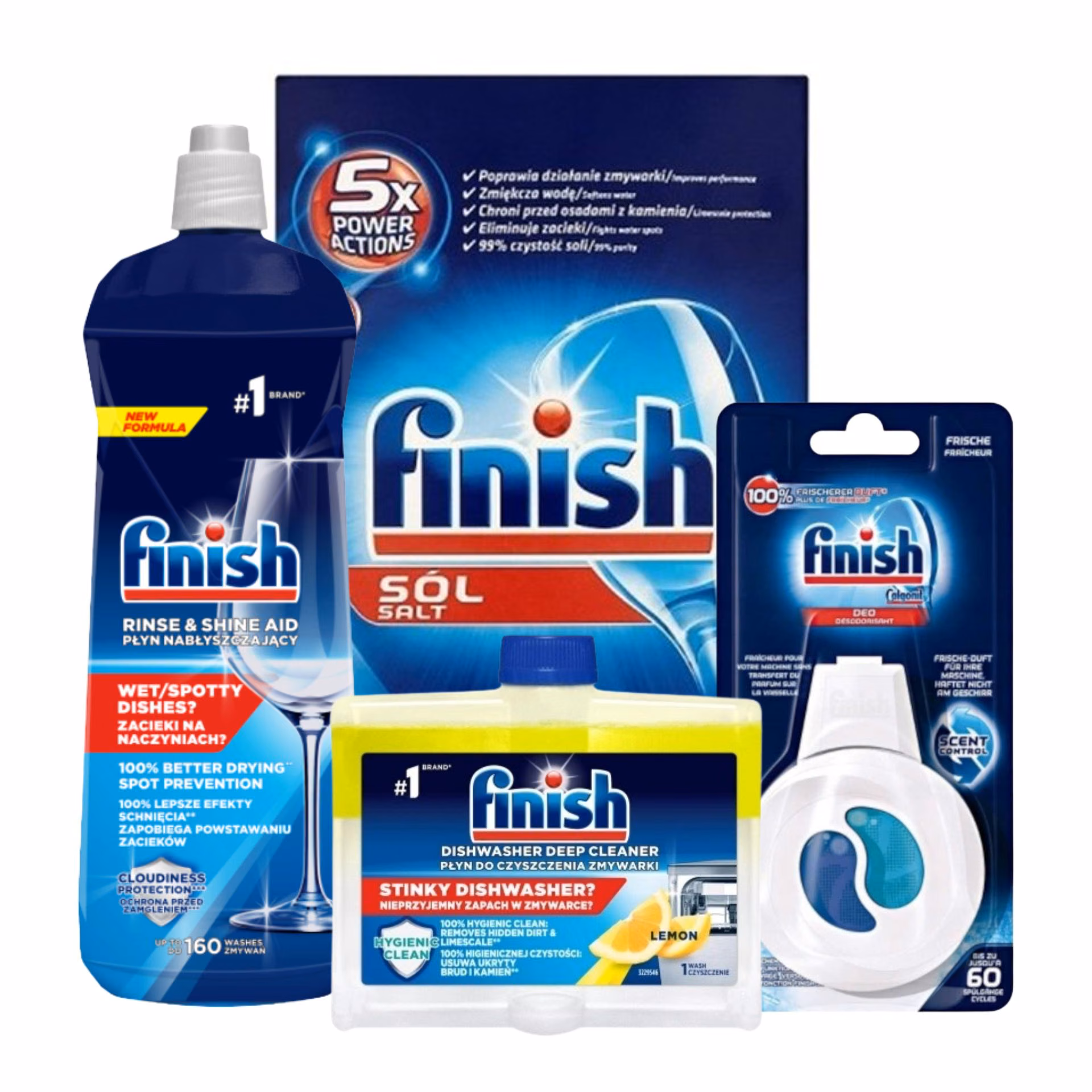 Sól do Zmywarek Ochronna Finish Salt 1.5 kg, zestaw produktów Finish w tym płyn nabłyszczający i czyścik