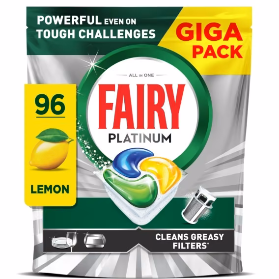 Kapsułki do Zmywarki All In One Fairy Platinum Lemon 96 szt., opakowanie Giga Pack z grafiką cytryny
